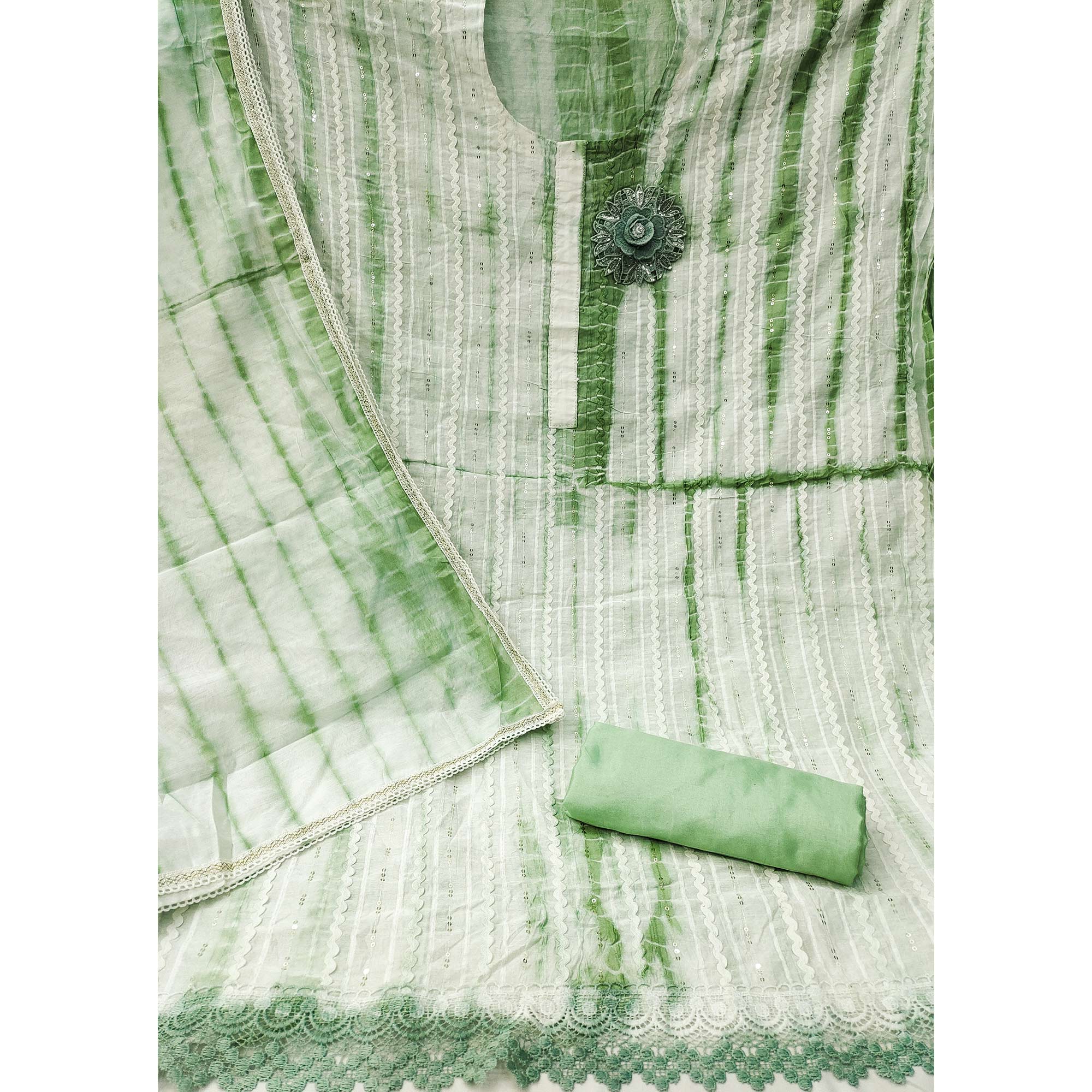 Green Sequins Embroidered Chanderi Cotton Dress Material