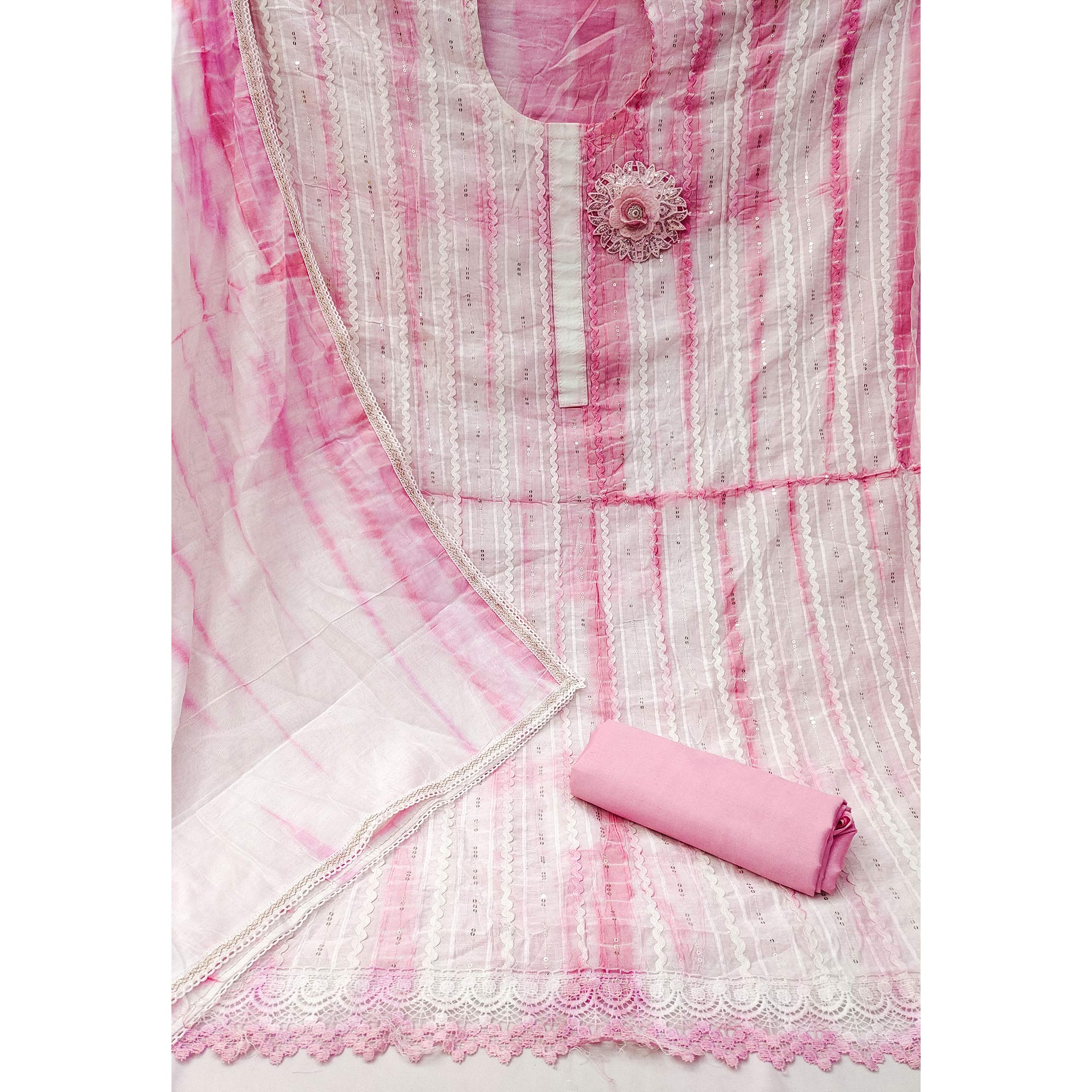 Pink Sequins Embroidered Chanderi Cotton Dress Material