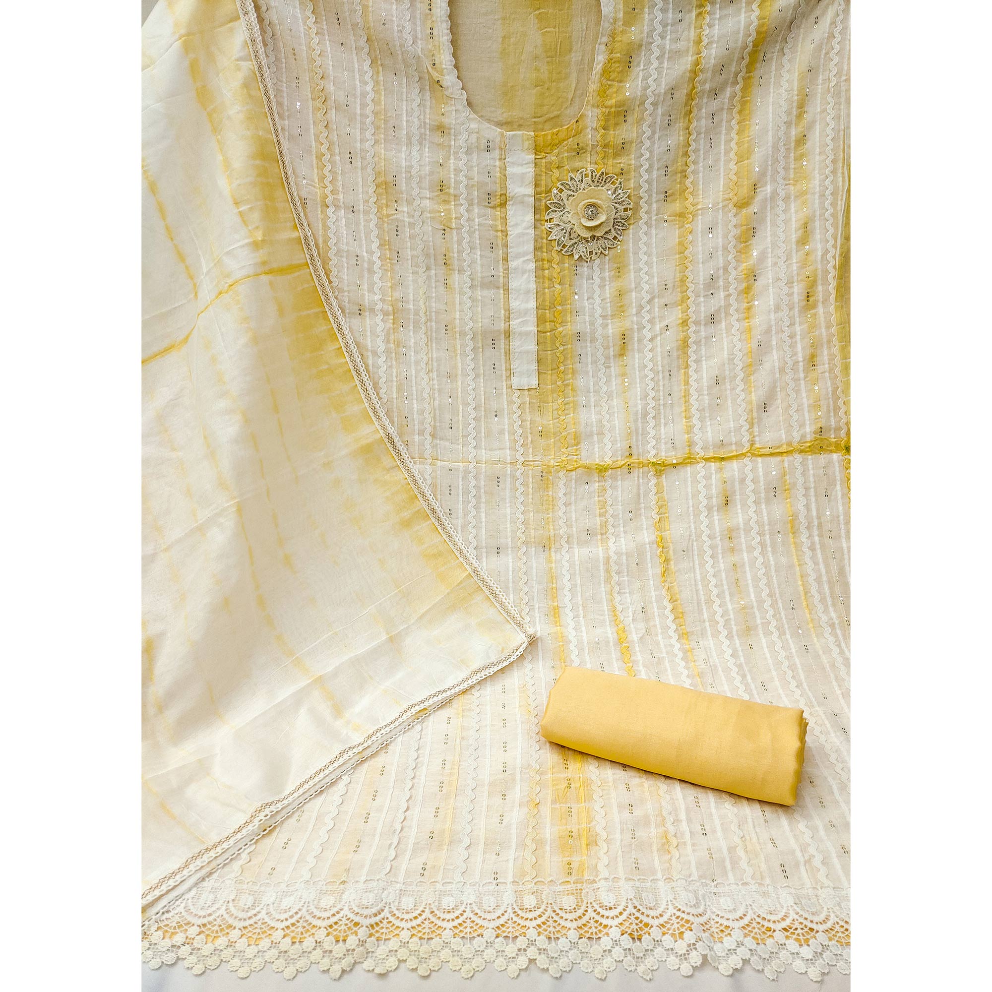 Yellow Sequins Embroidered Chanderi Cotton Dress Material