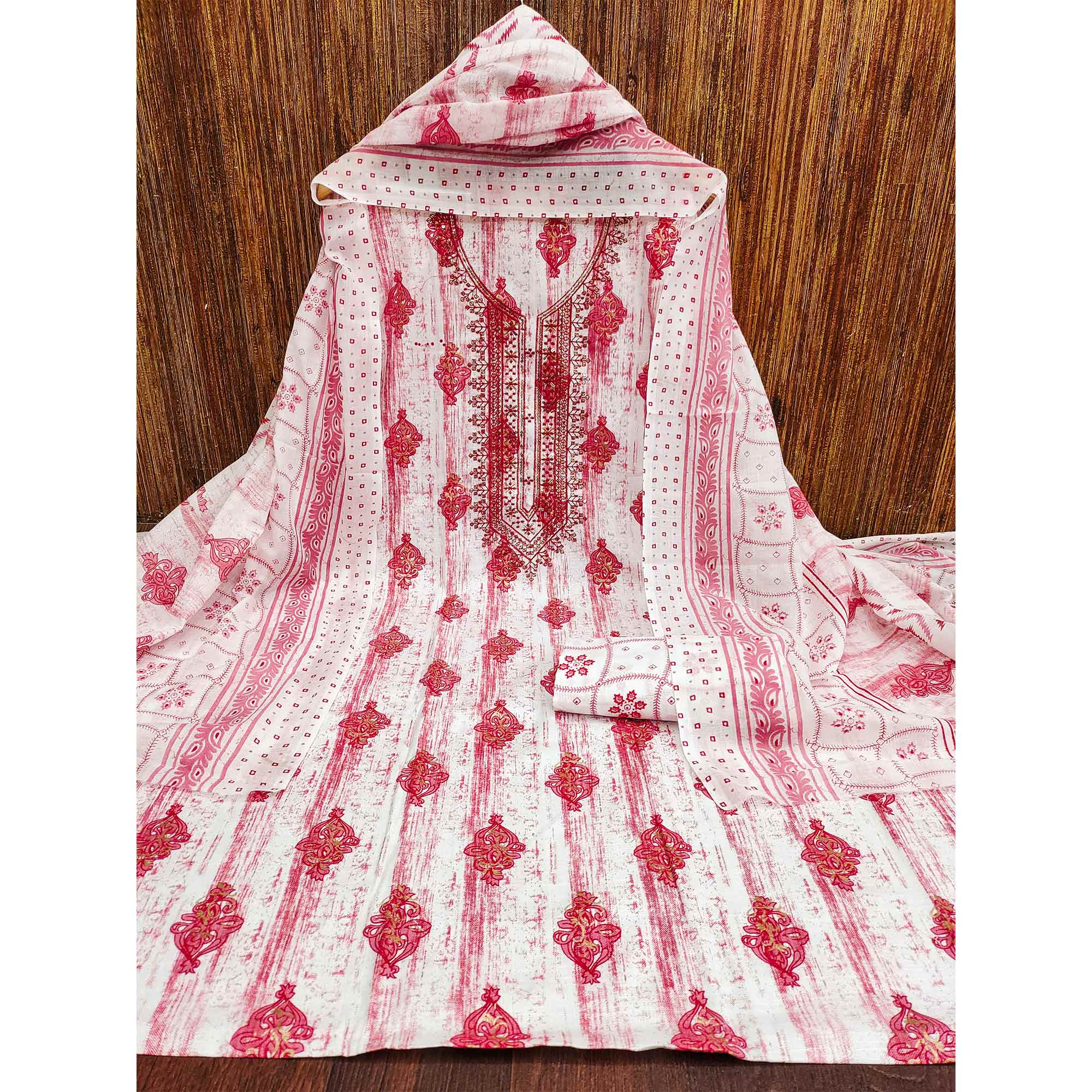 Gajari Pink Printed With Embroidered Cotton Blend Dress Material
