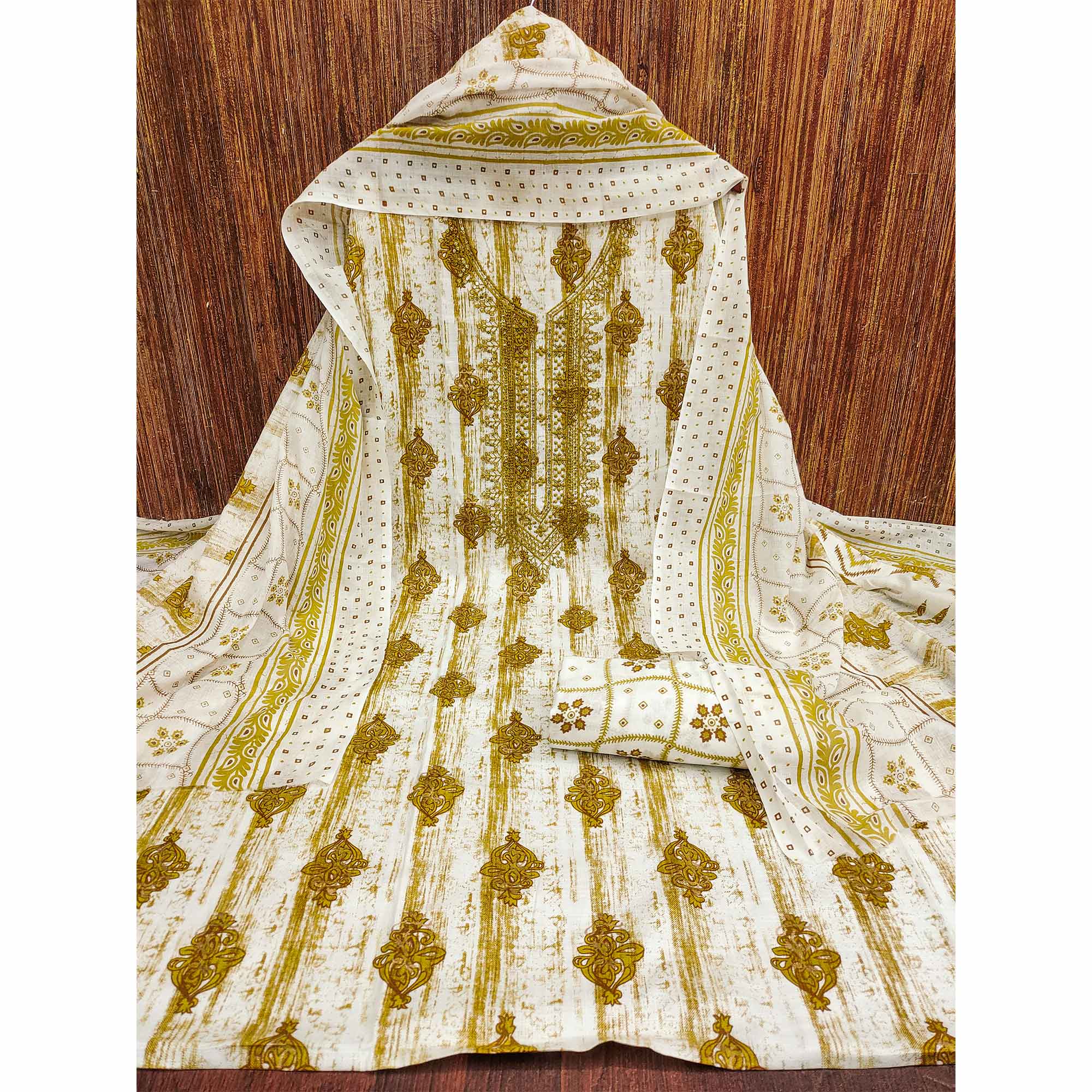 Olive Printed With Embroidered Cotton Blend Dress Material