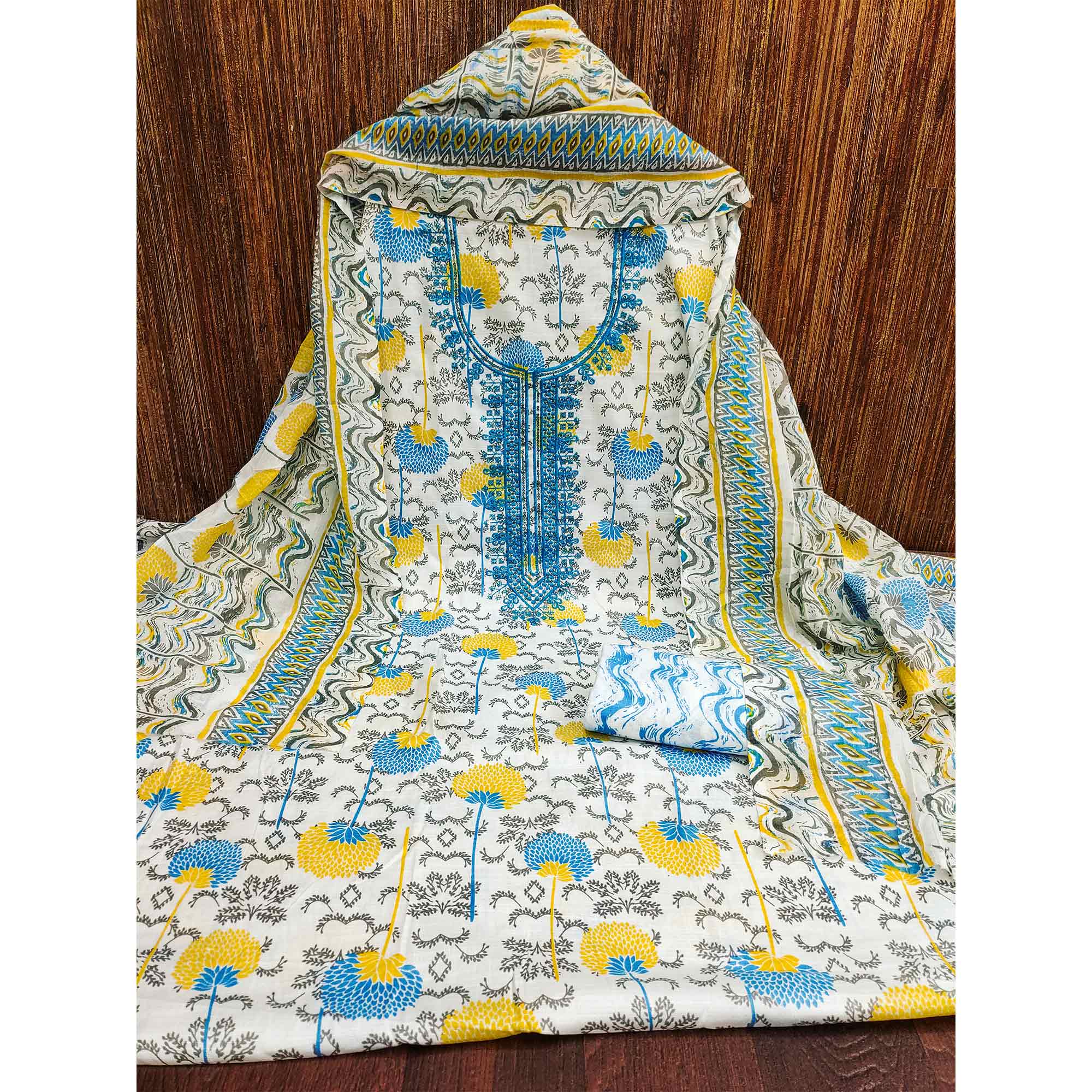 Blue & Yellow Floral Printed With Embroidered Cotton Blend Dress Material