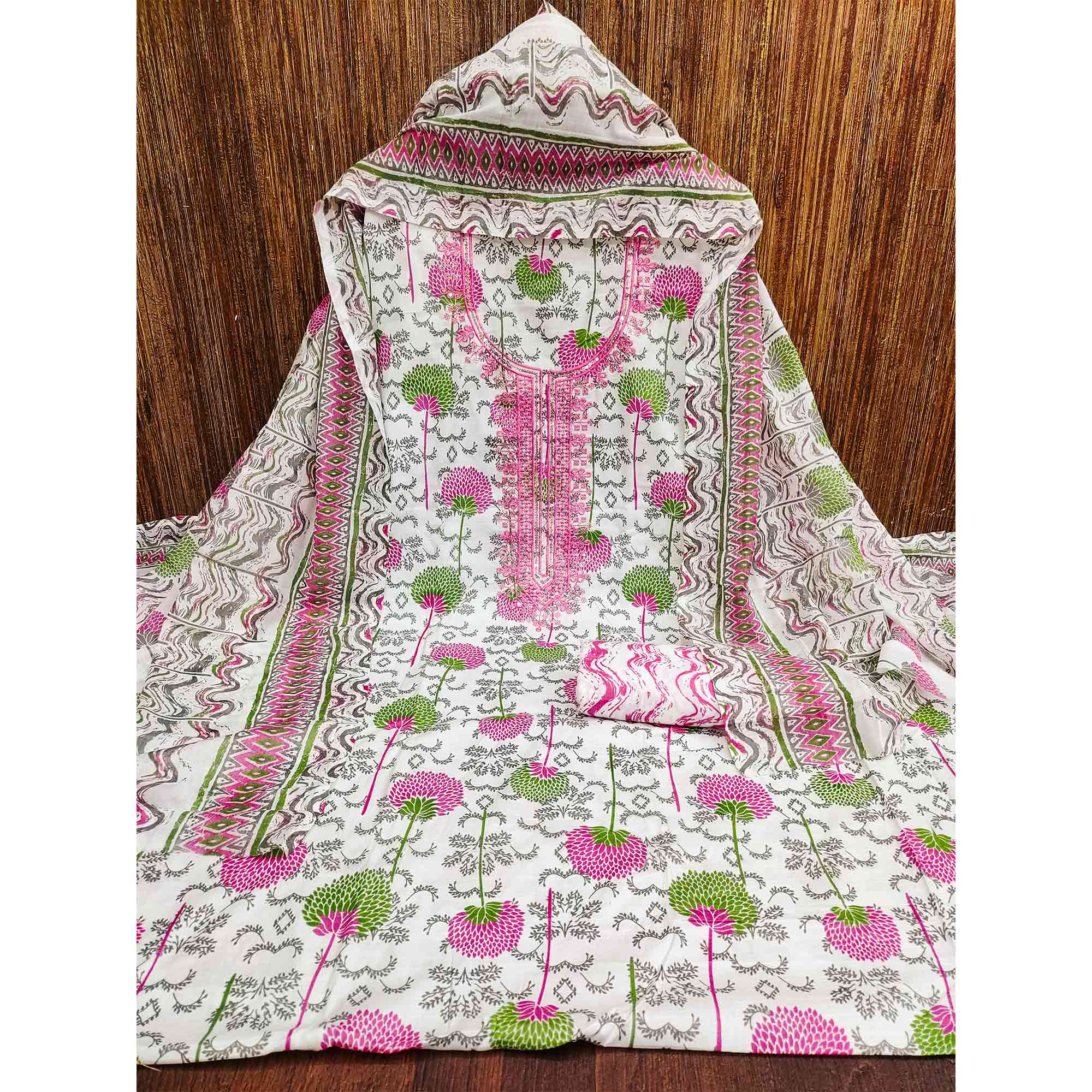 Pink & Green Floral Printed With Embroidered Cotton Blend Dress Material