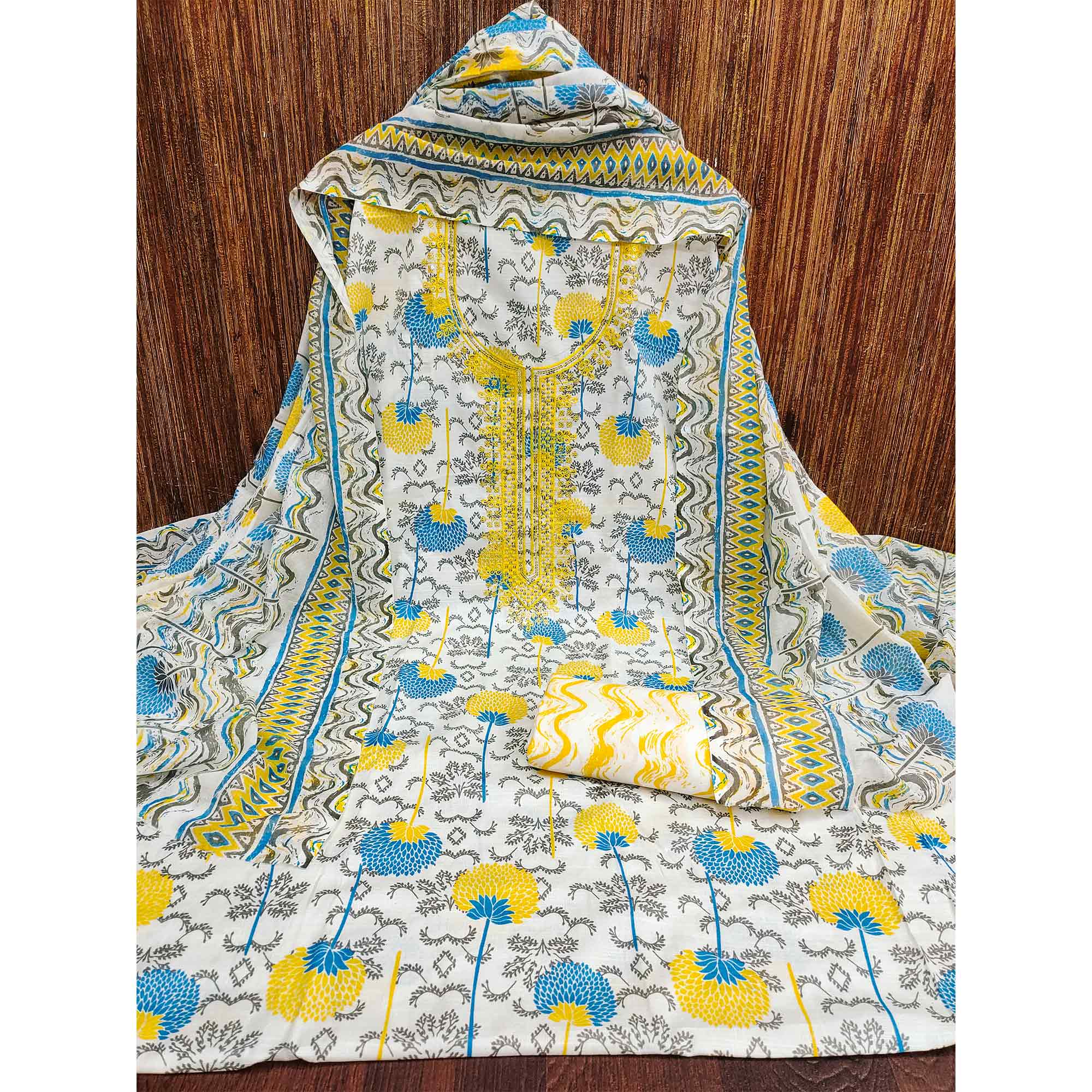 Yellow & Blue Floral Printed With Embroidered Cotton Blend Dress Material