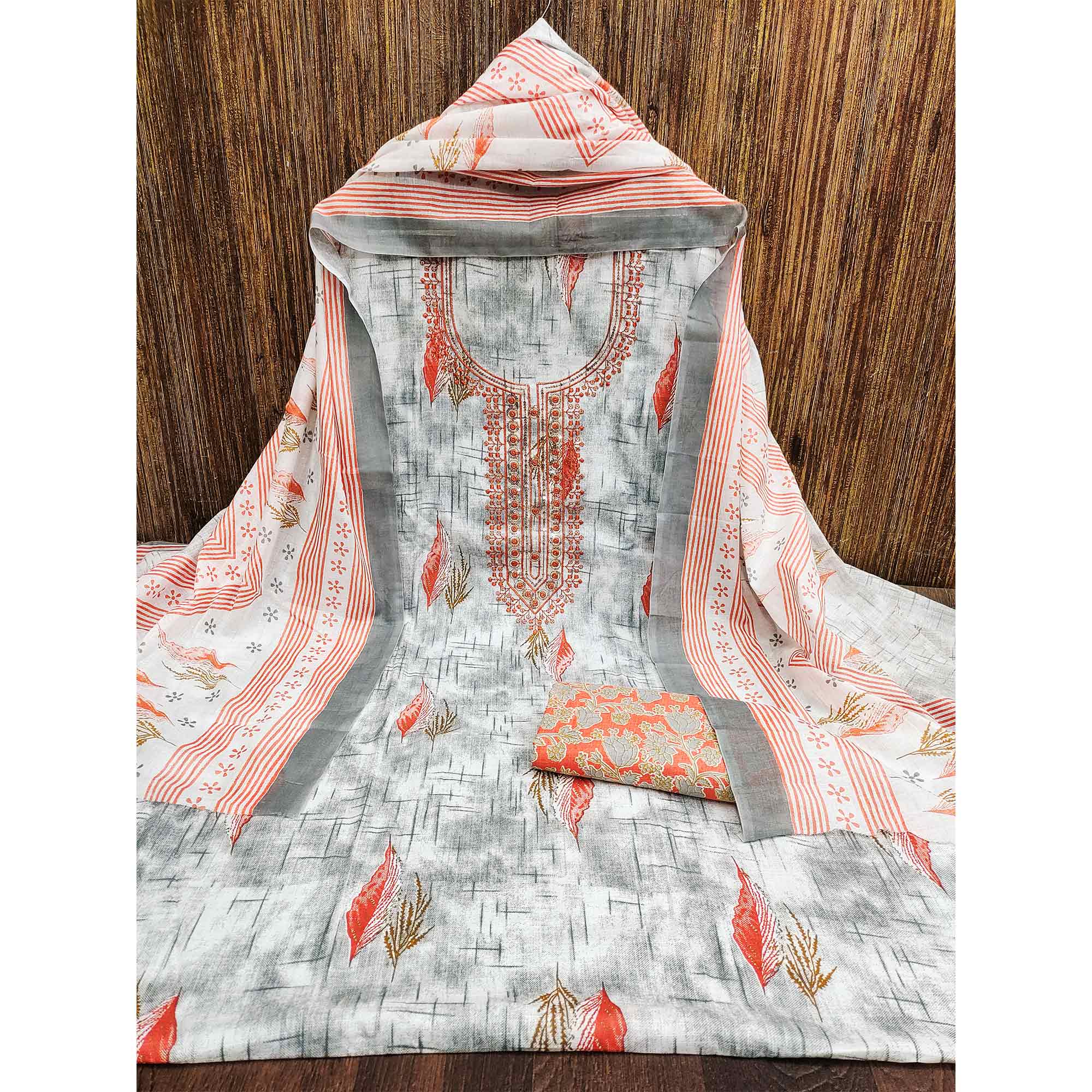 Orange Floral Printed With Embroidered Cotton Blend Dress Material