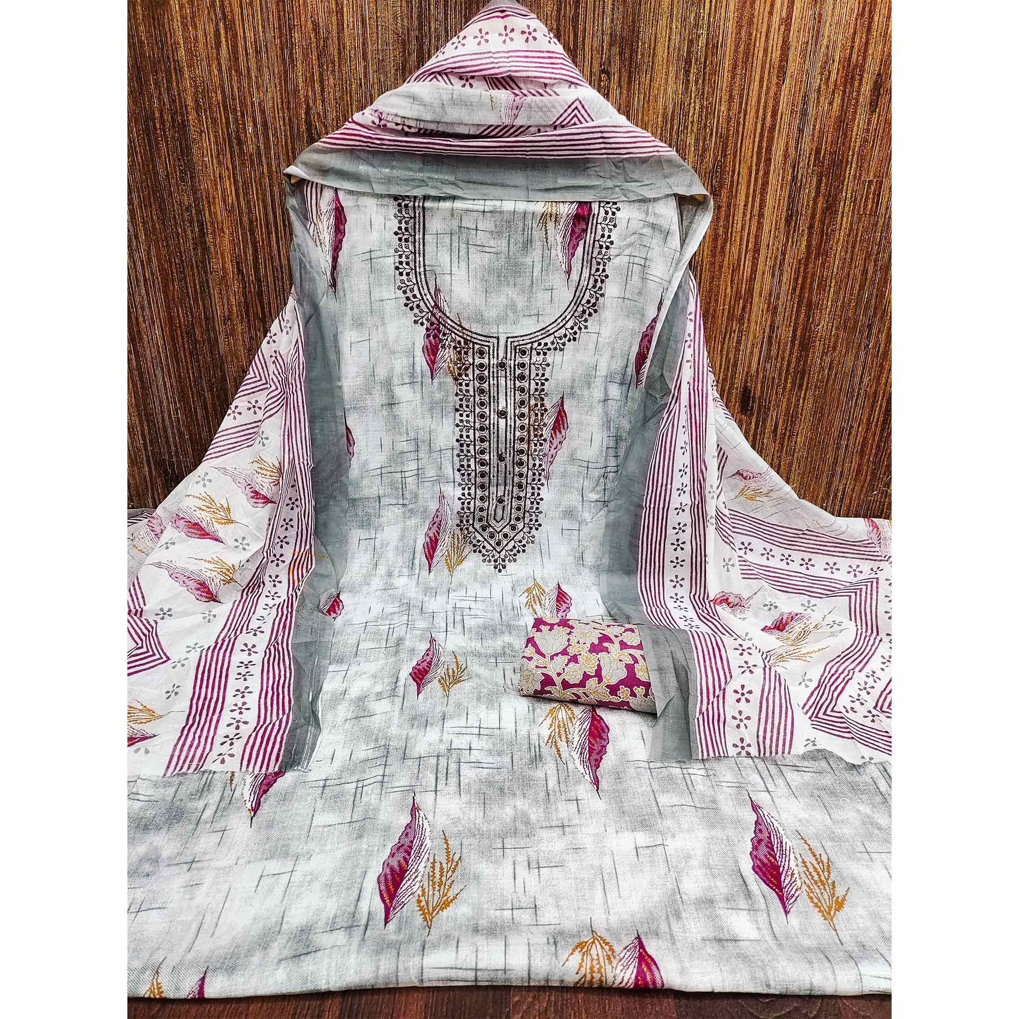 Purple Floral Printed With Embroidered Cotton Blend Dress Material