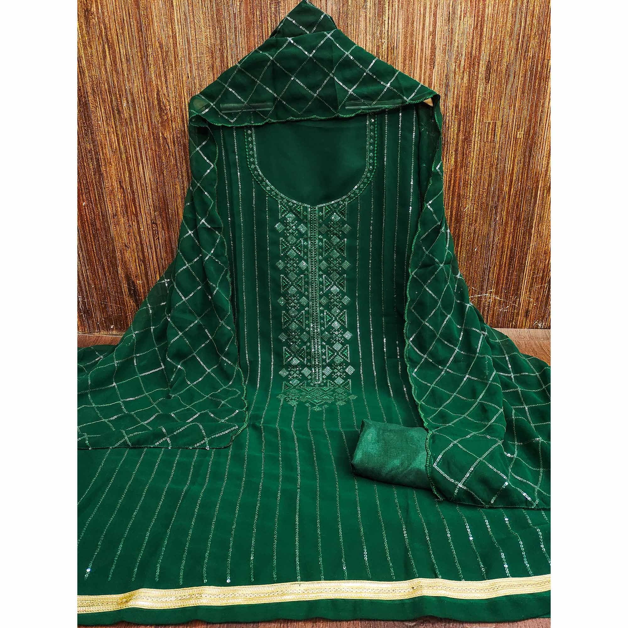 Green Sequins Embroidered Georgette Dress Material