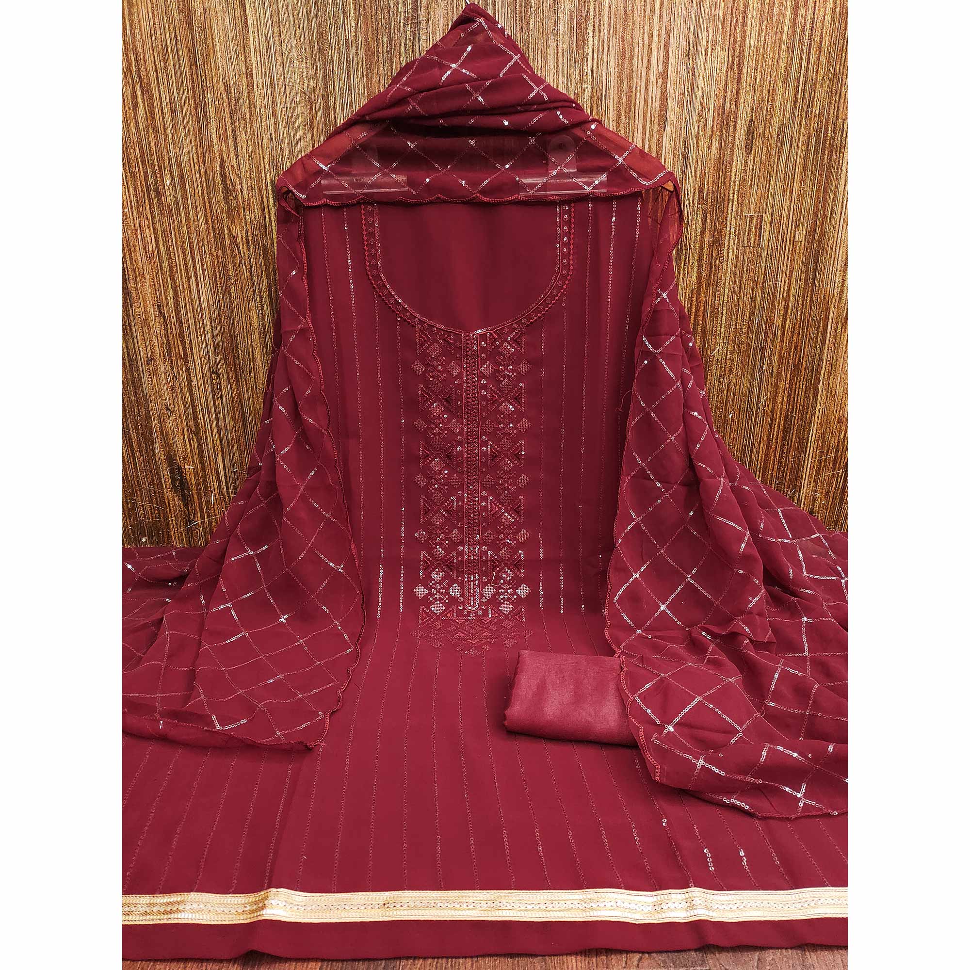 Maroon Sequins Embroidered Georgette Dress Material