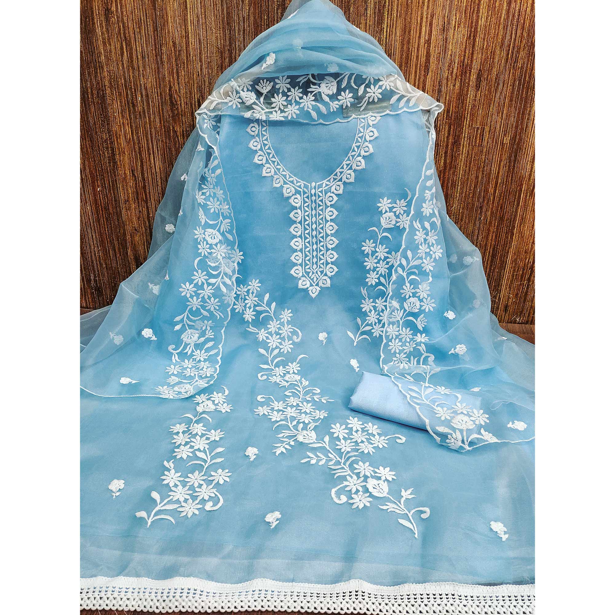 Blue Floral Embroidered Organza Dress Material