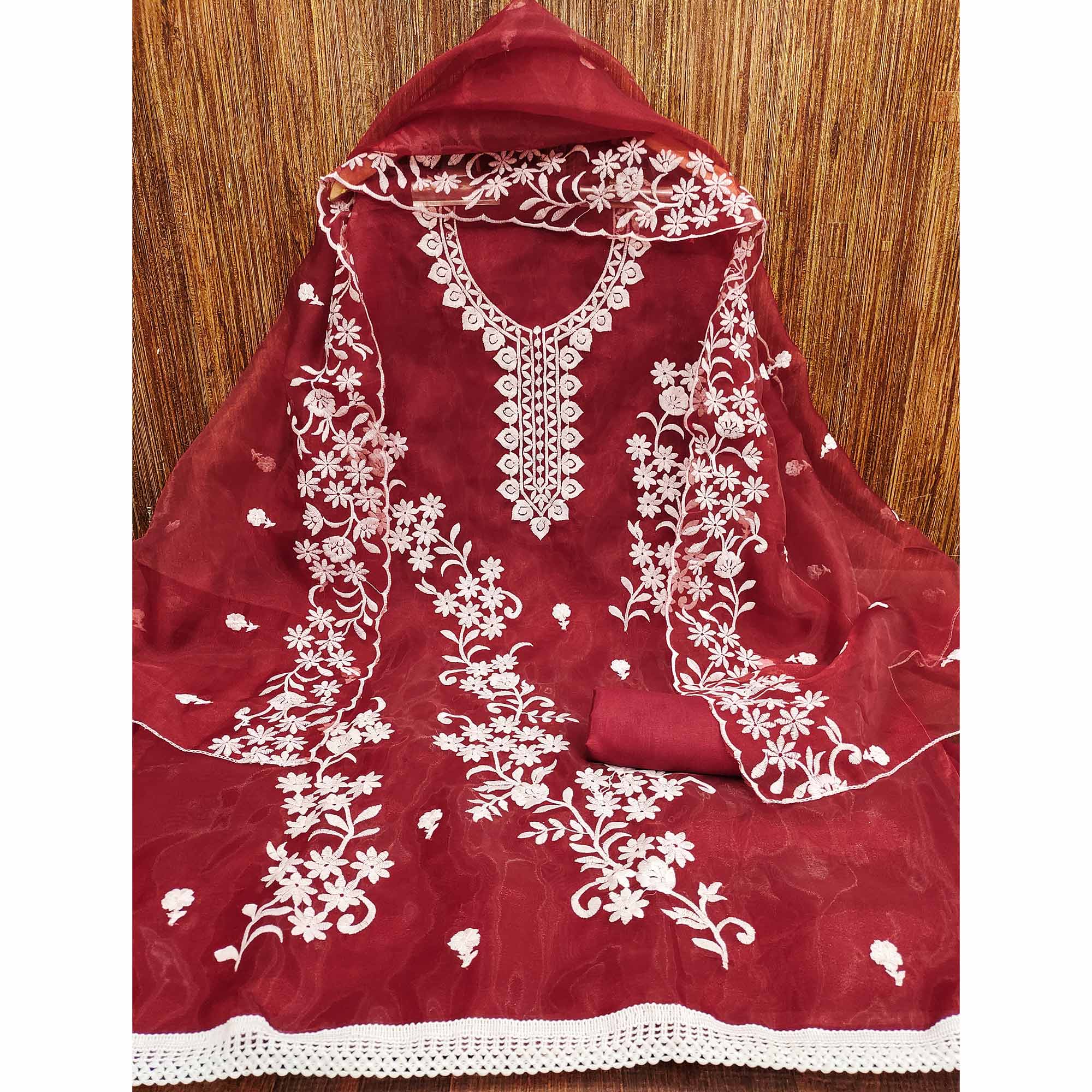 Maroon Floral Embroidered Organza Dress Material