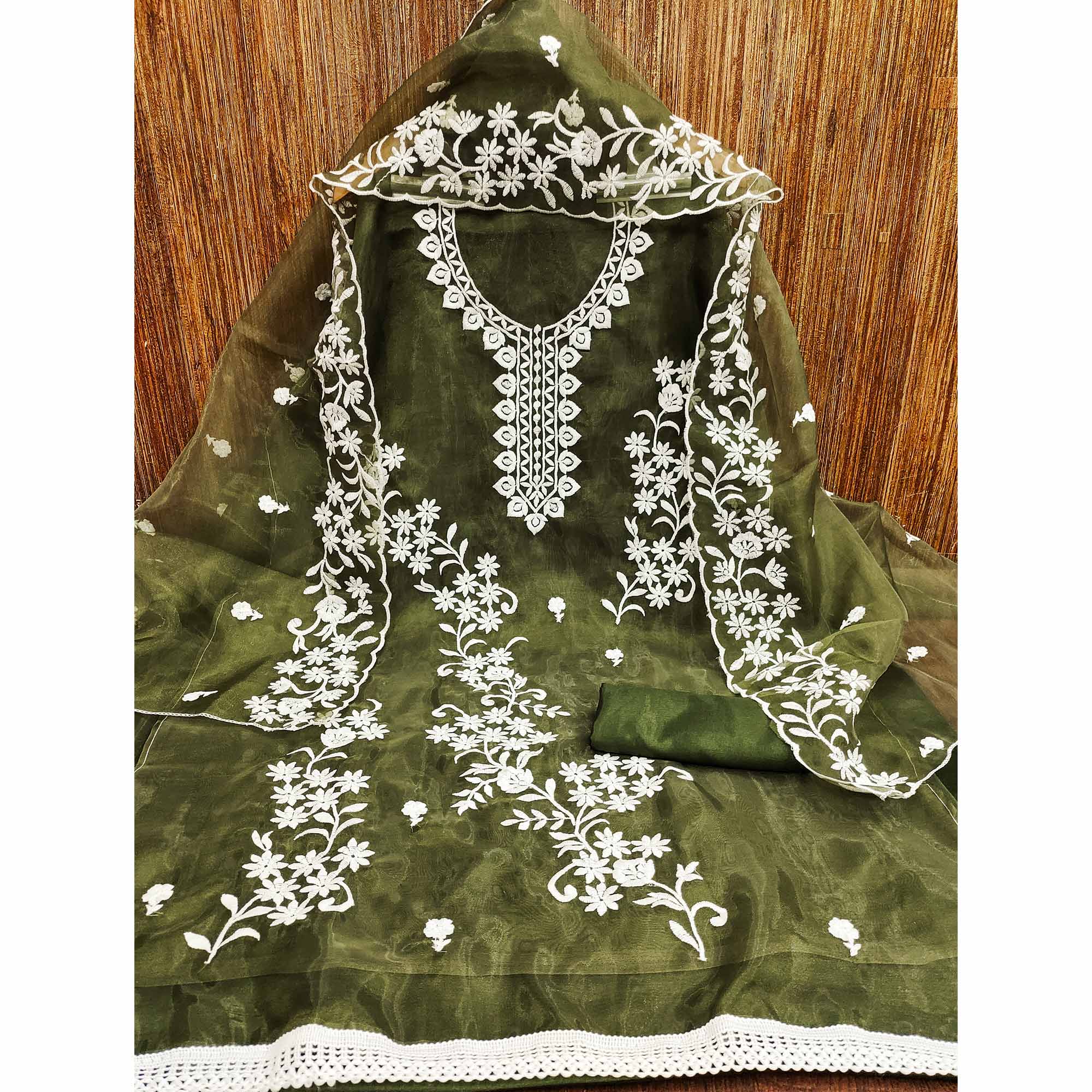 Mehendi Green Floral Embroidered Organza Dress Material