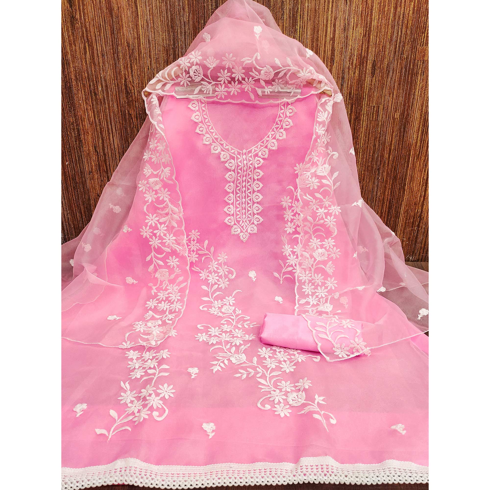 Pink Floral Embroidered Organza Dress Material