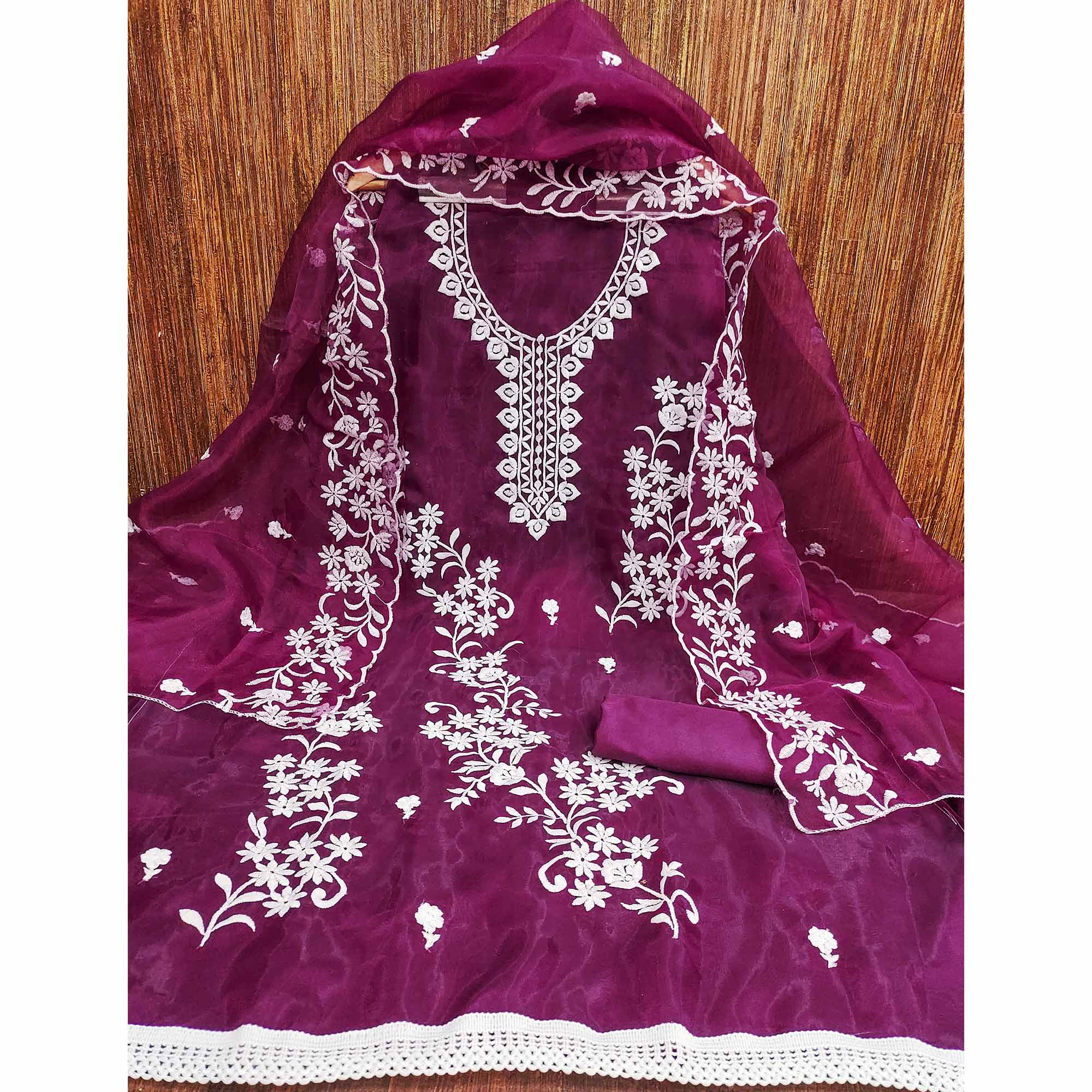 Purple Floral Embroidered Organza Dress Material