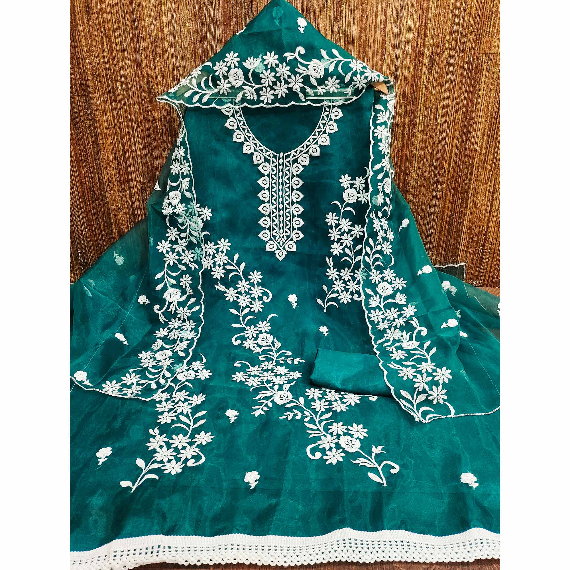 Teal Floral Embroidered Organza Dress Material