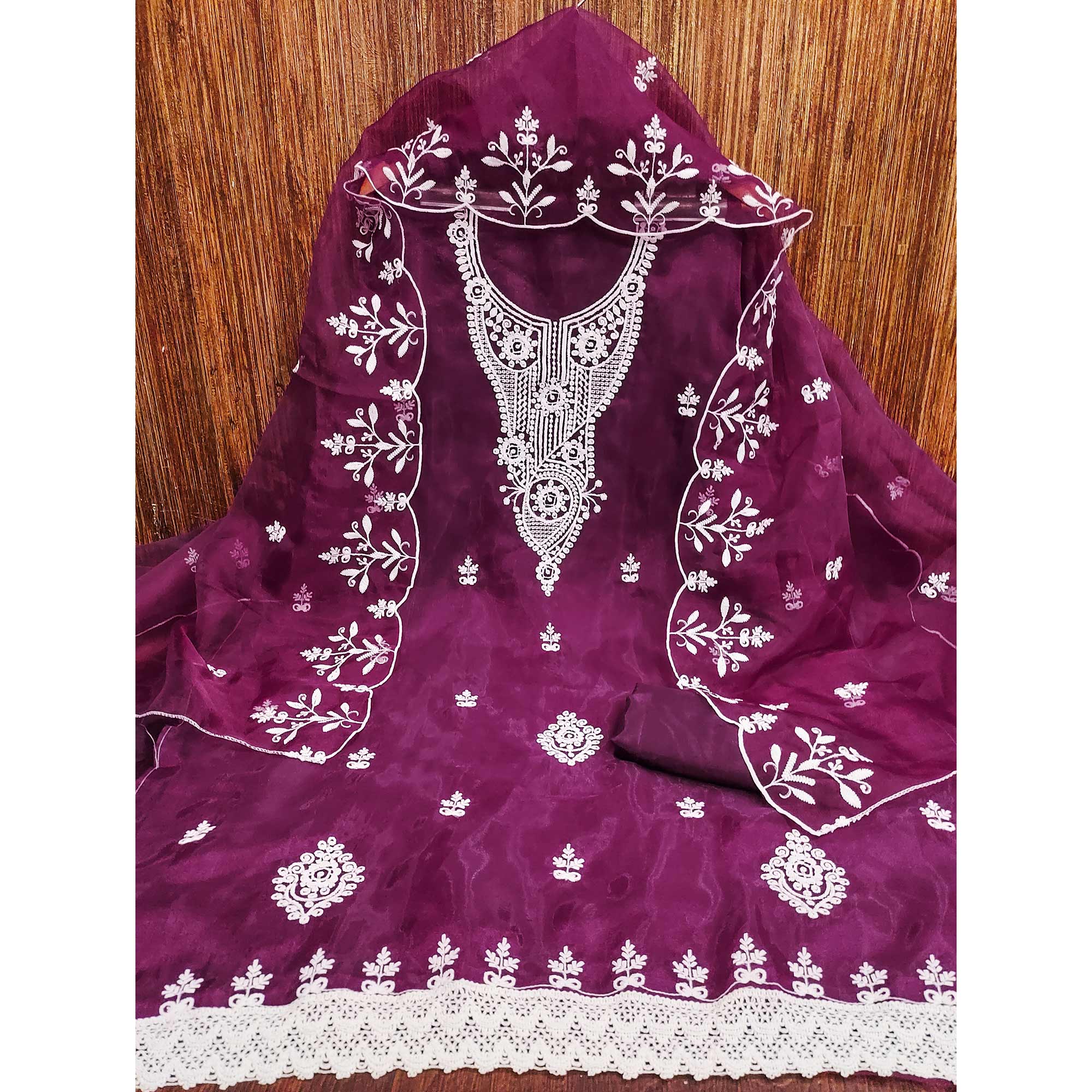 Purple Floral Embroidered Organza Dress Material