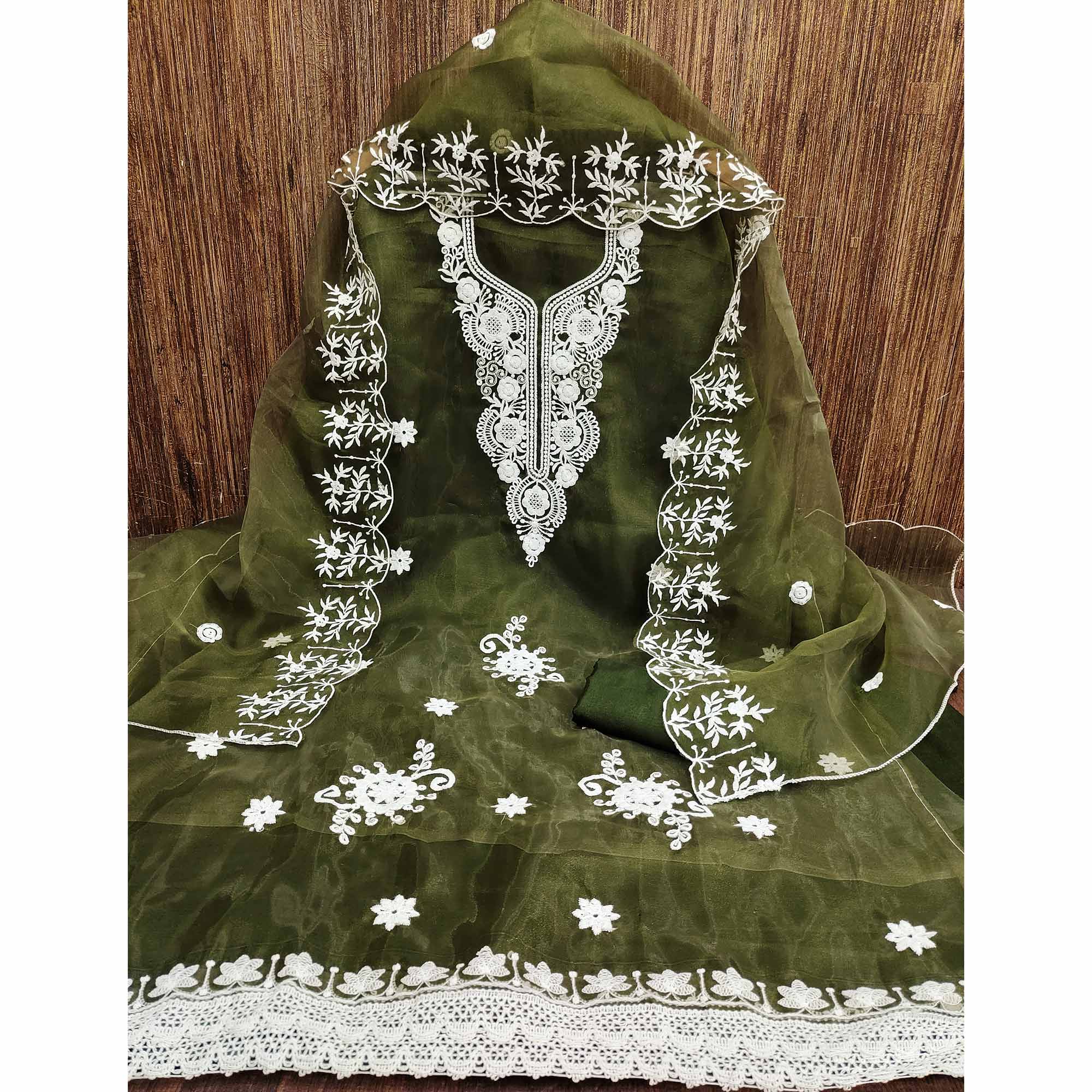 Mehendi Green Floral Embroidered Organza Dress Material