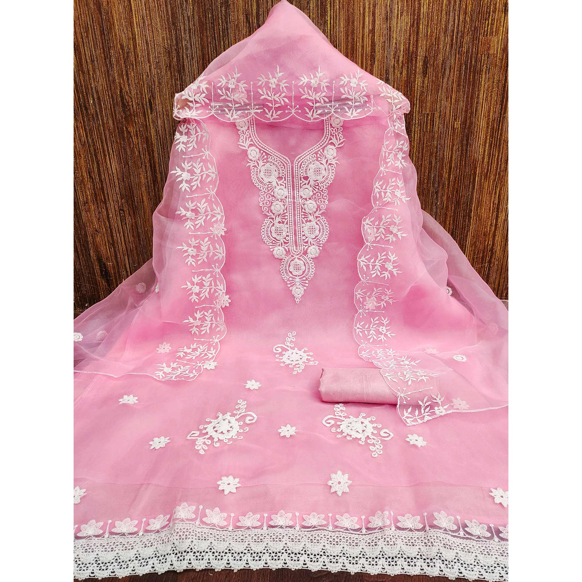 Pink Floral Embroidered Organza Dress Material