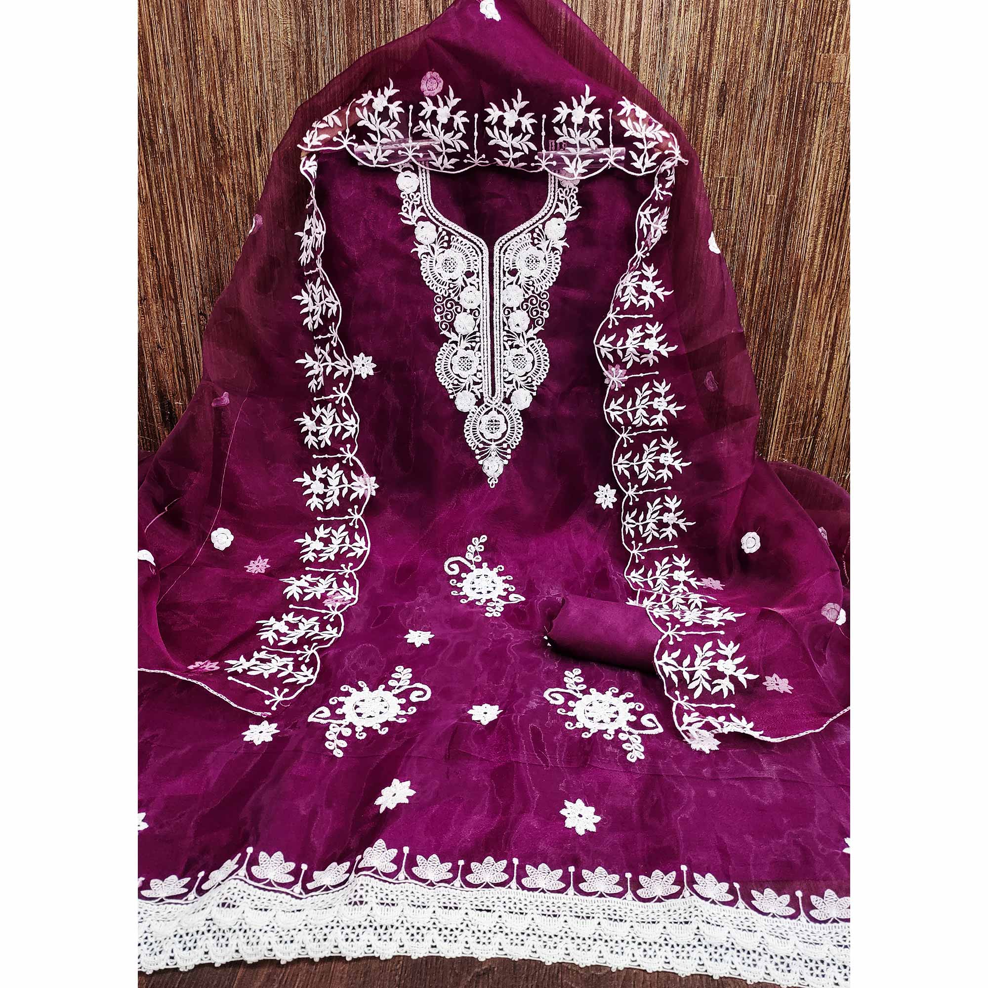Purple Floral Embroidered Organza Dress Material