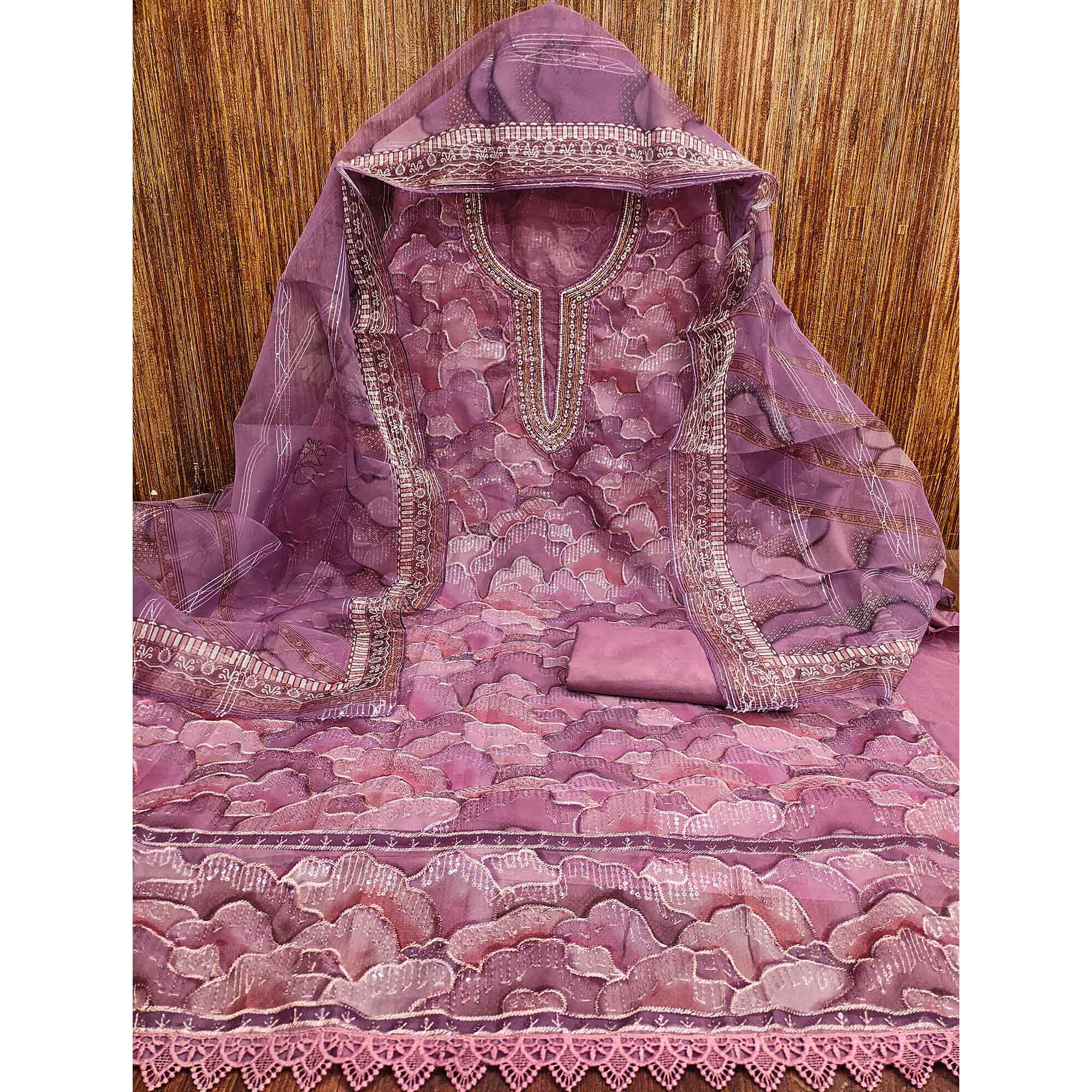 Purple Sequins Embroidered Organza Dress Material