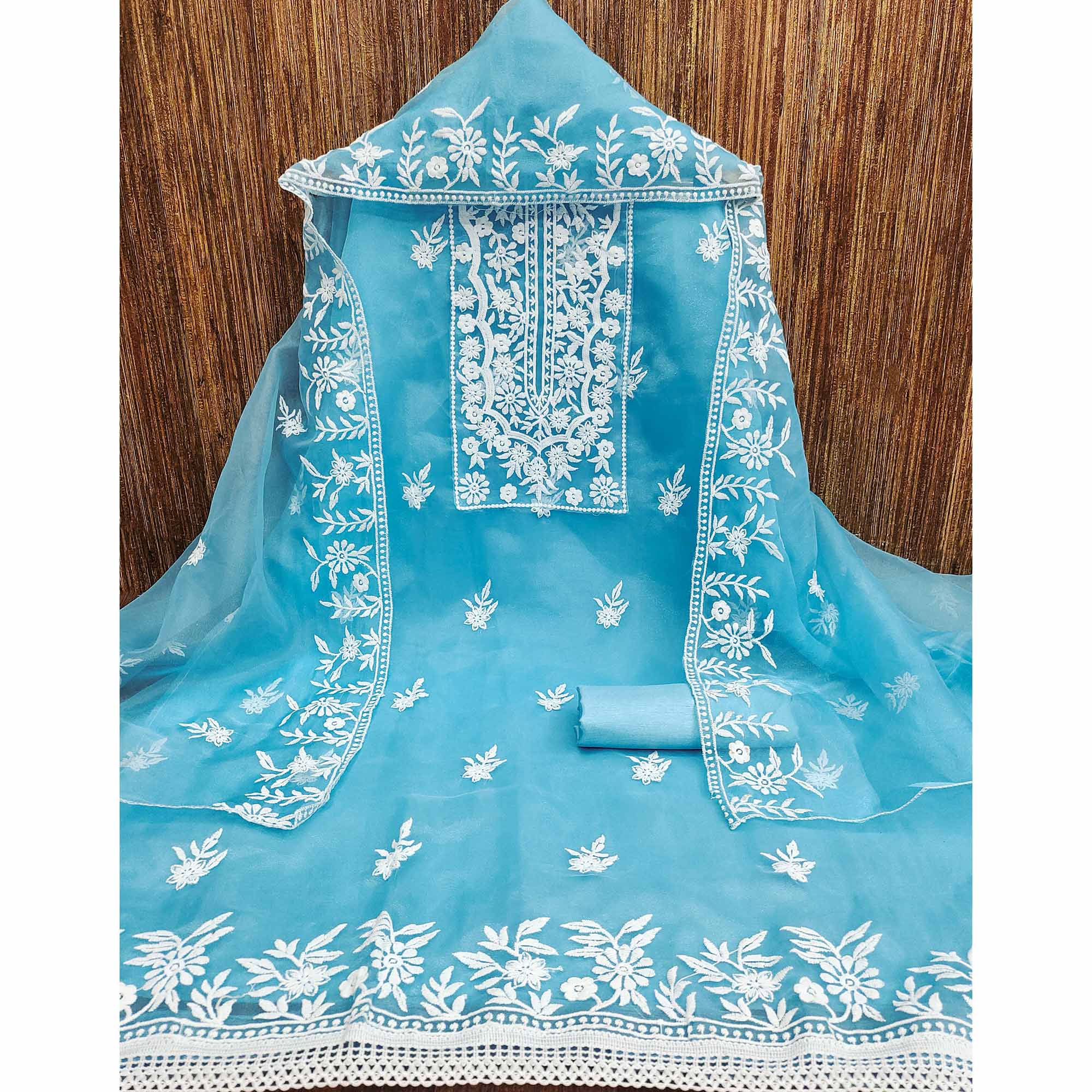 Blue Floral Embroidered Organza Dress Material