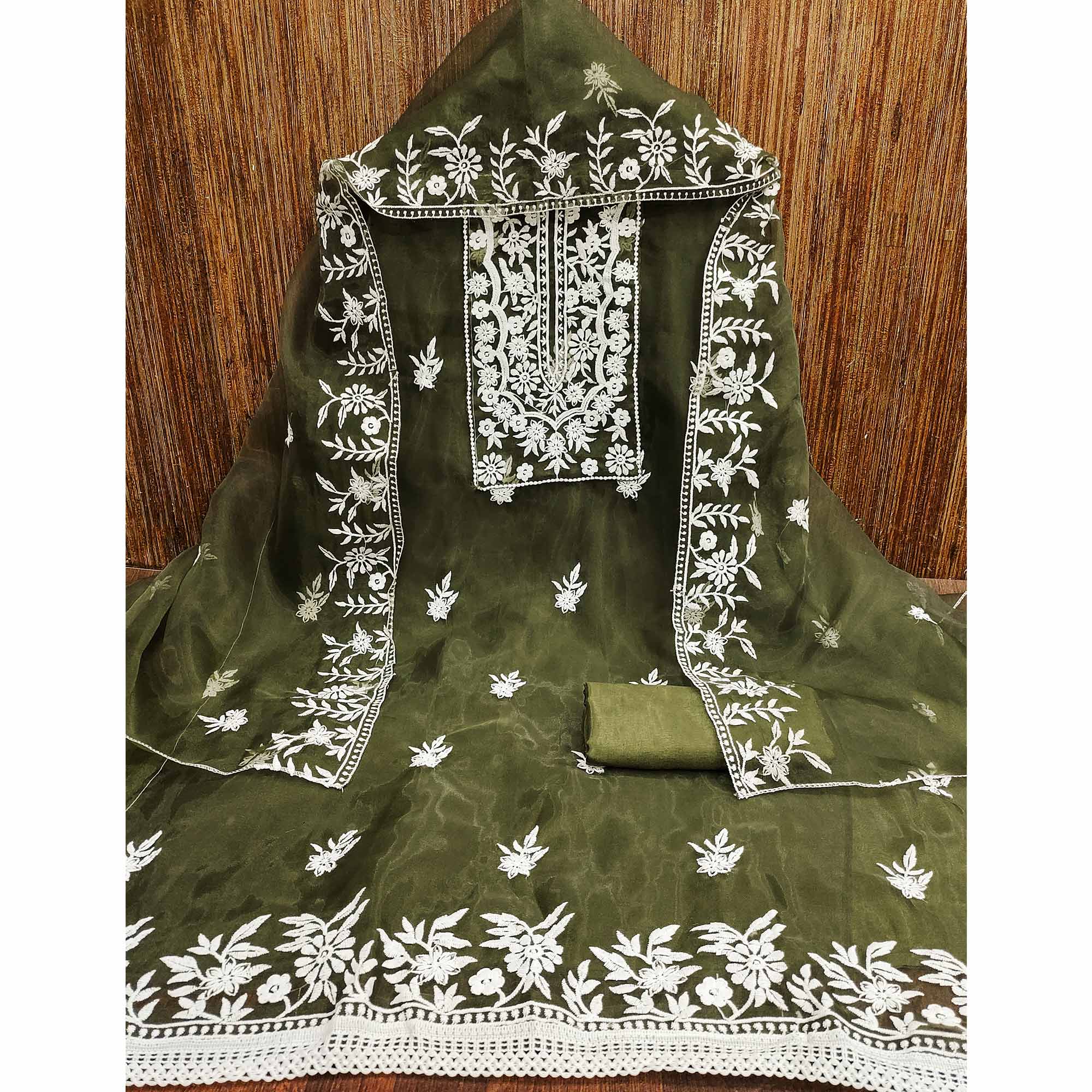 Green Floral Embroidered Organza Dress Material