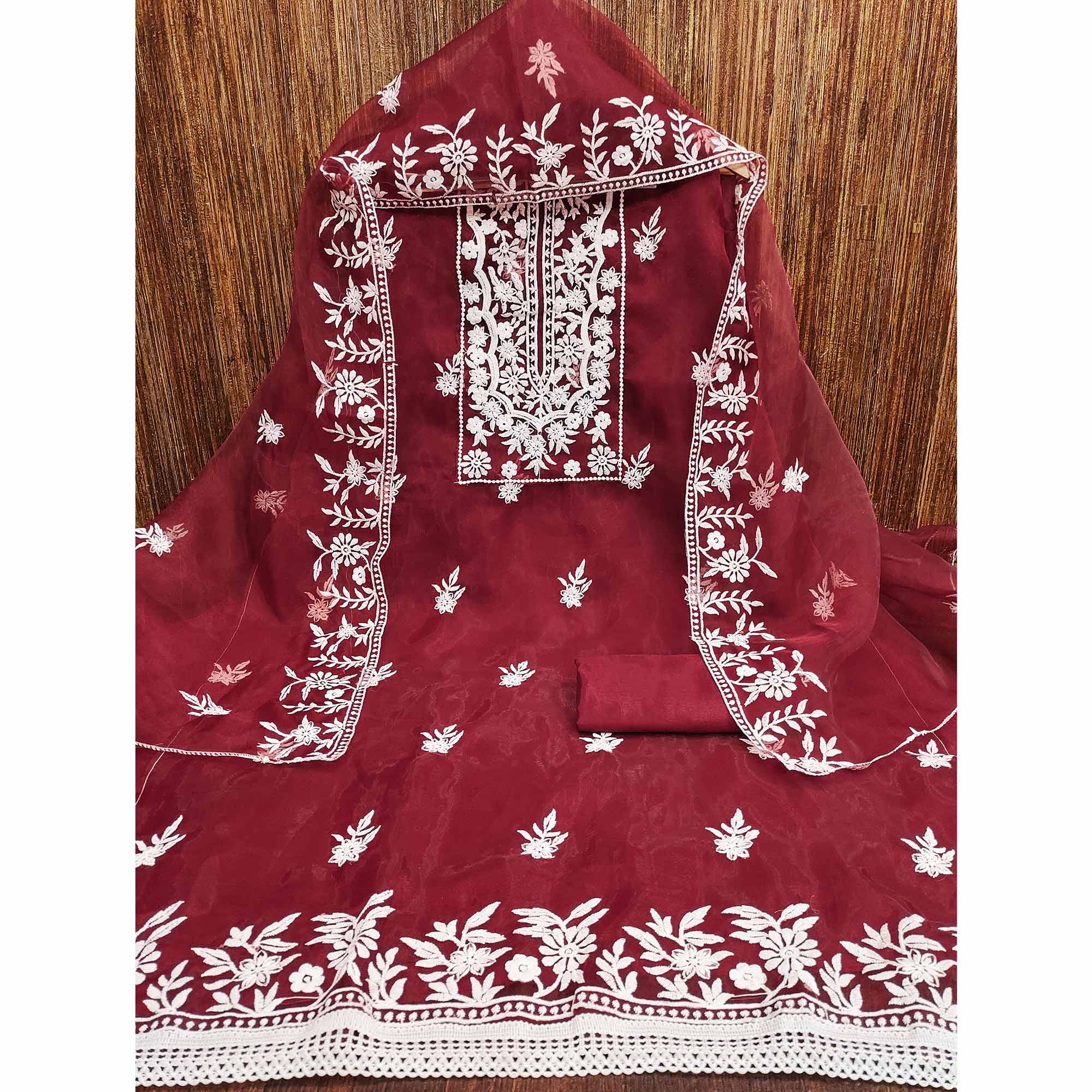 Maroon Floral Embroidered Organza Dress Material