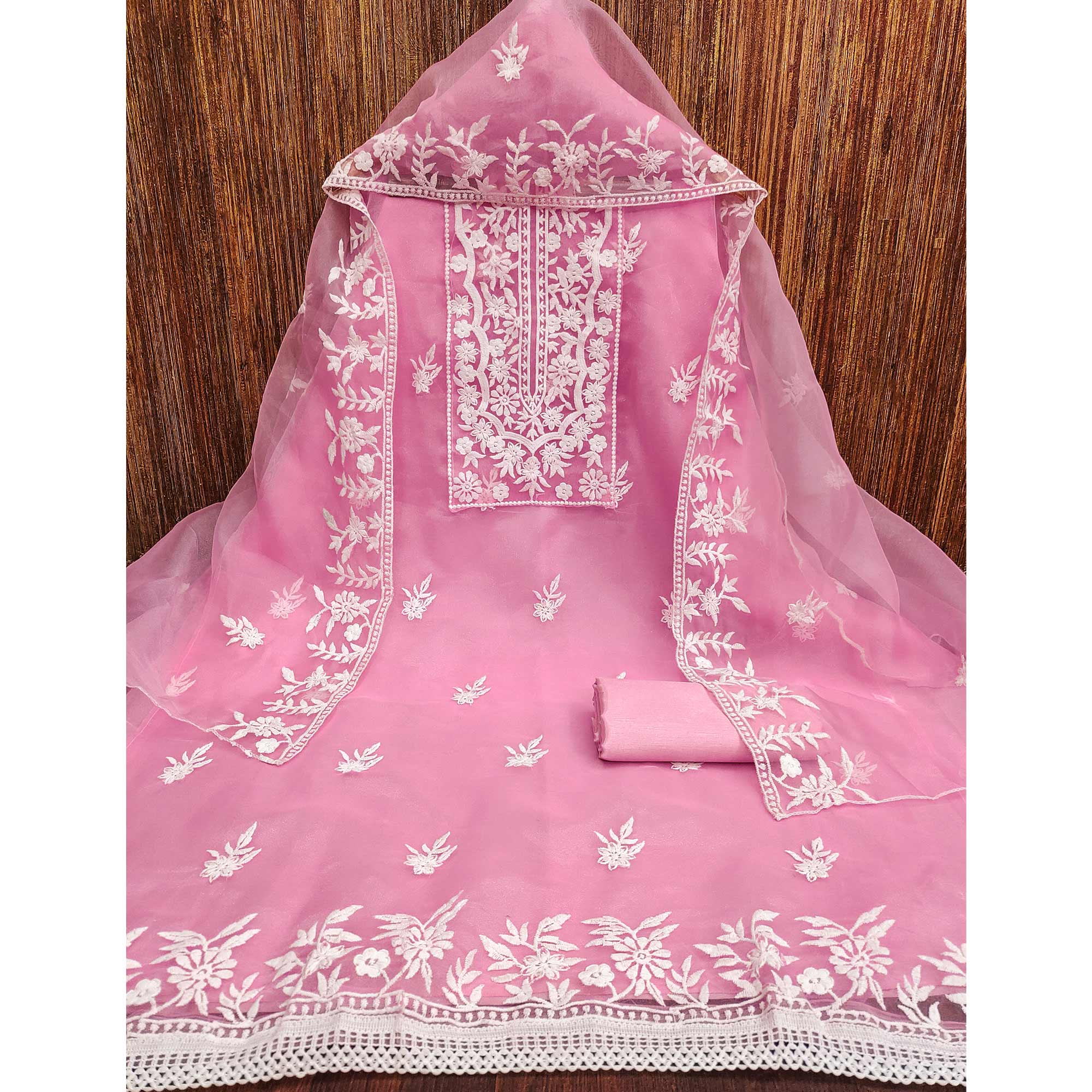 Pink Floral Embroidered Organza Dress Material