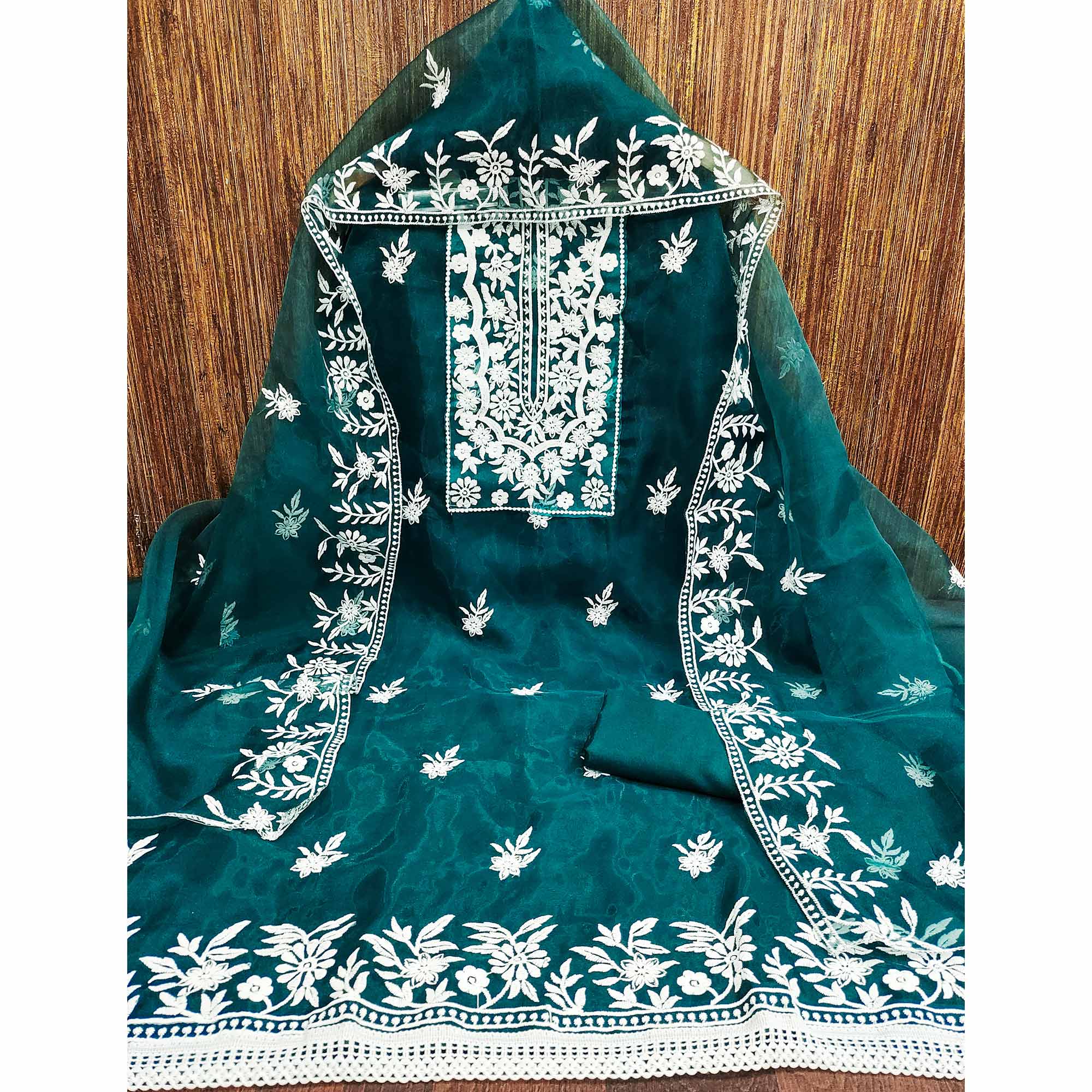 Teal Floral Embroidered Organza Dress Material