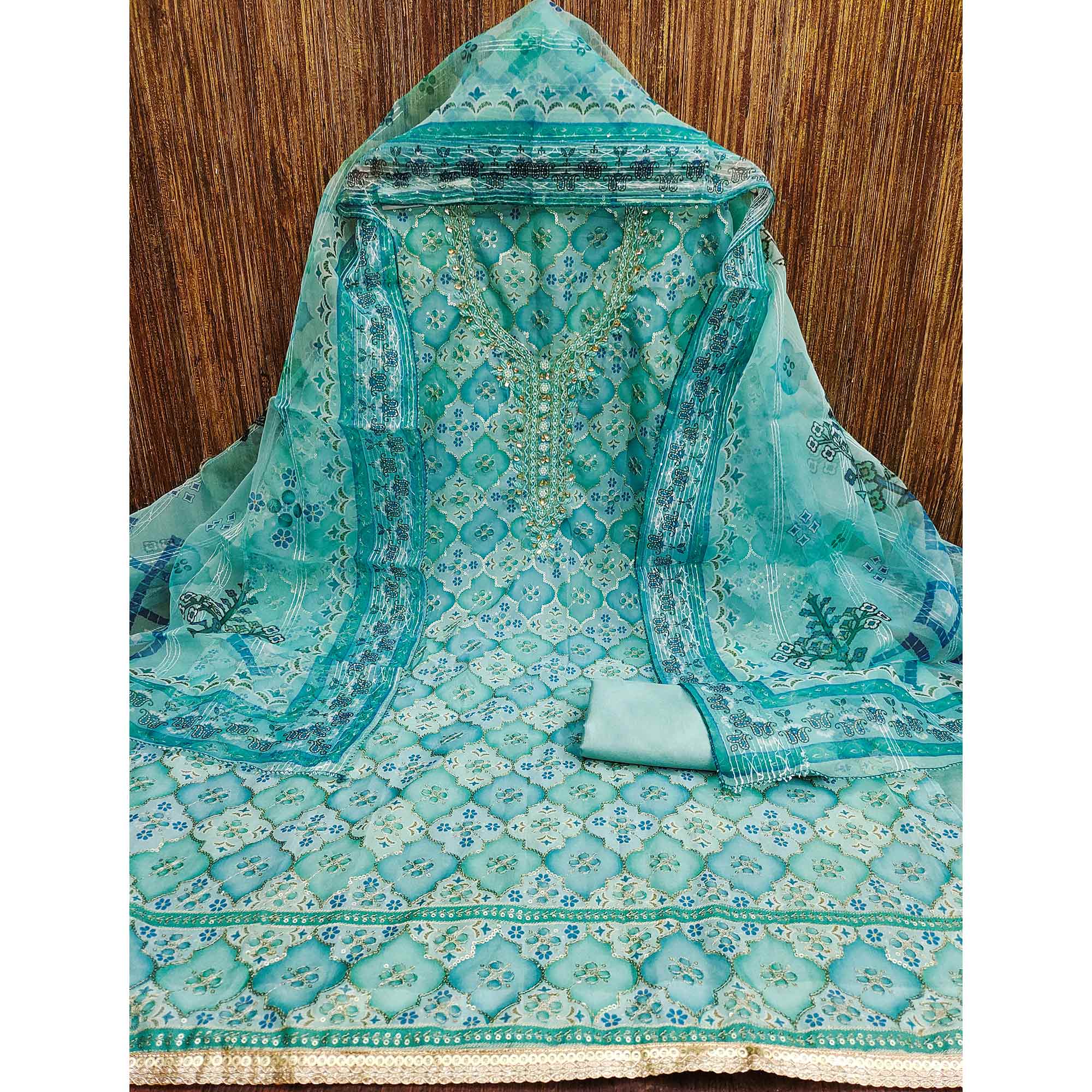 Blue Printed With Sequins Embroidered Organza Dress Material