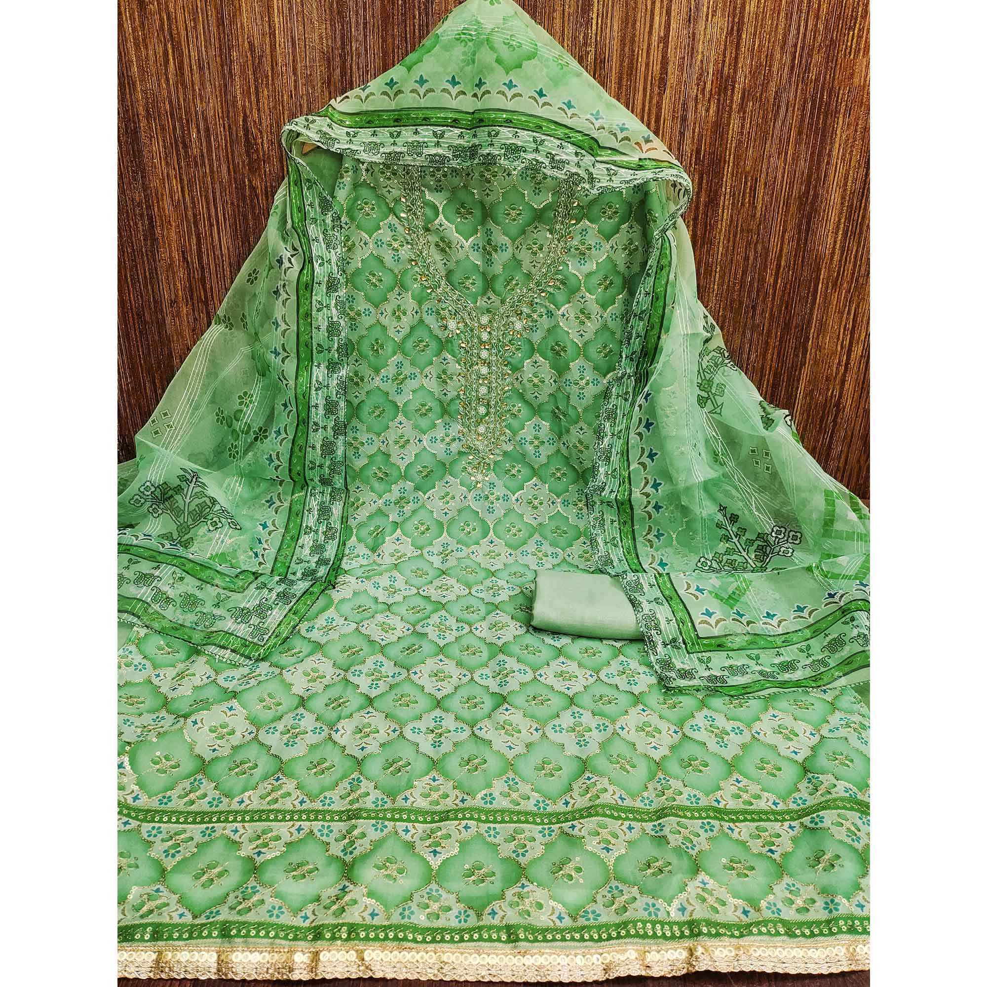 Green Printed With Sequins Embroidered Organza Dress Material