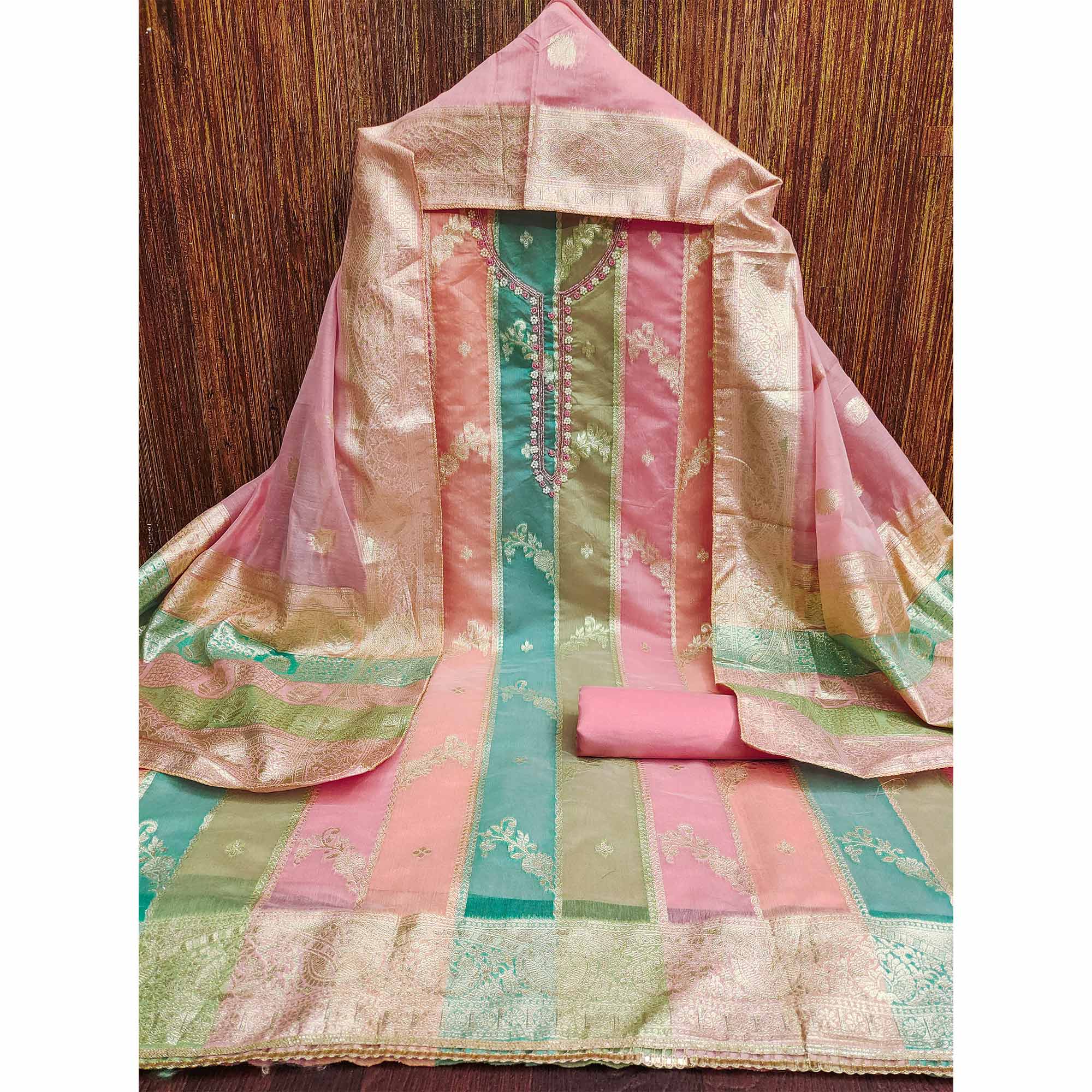 Pink Floral Woven With Hand Embroidered Jacquard Dress Material