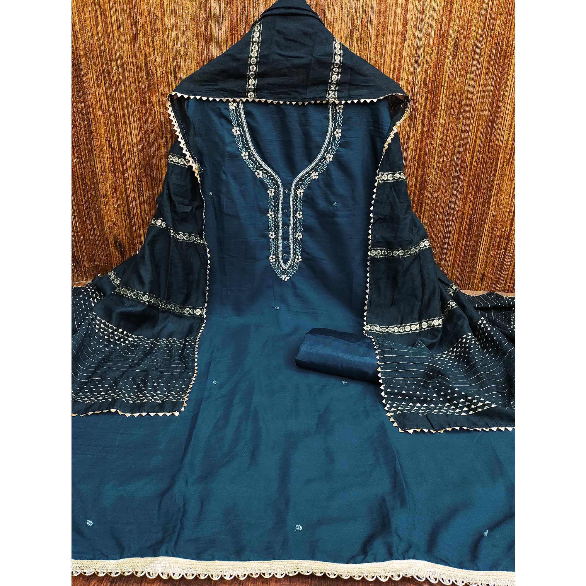 Blue Hand Embroidered Cotton Blend Dress Material