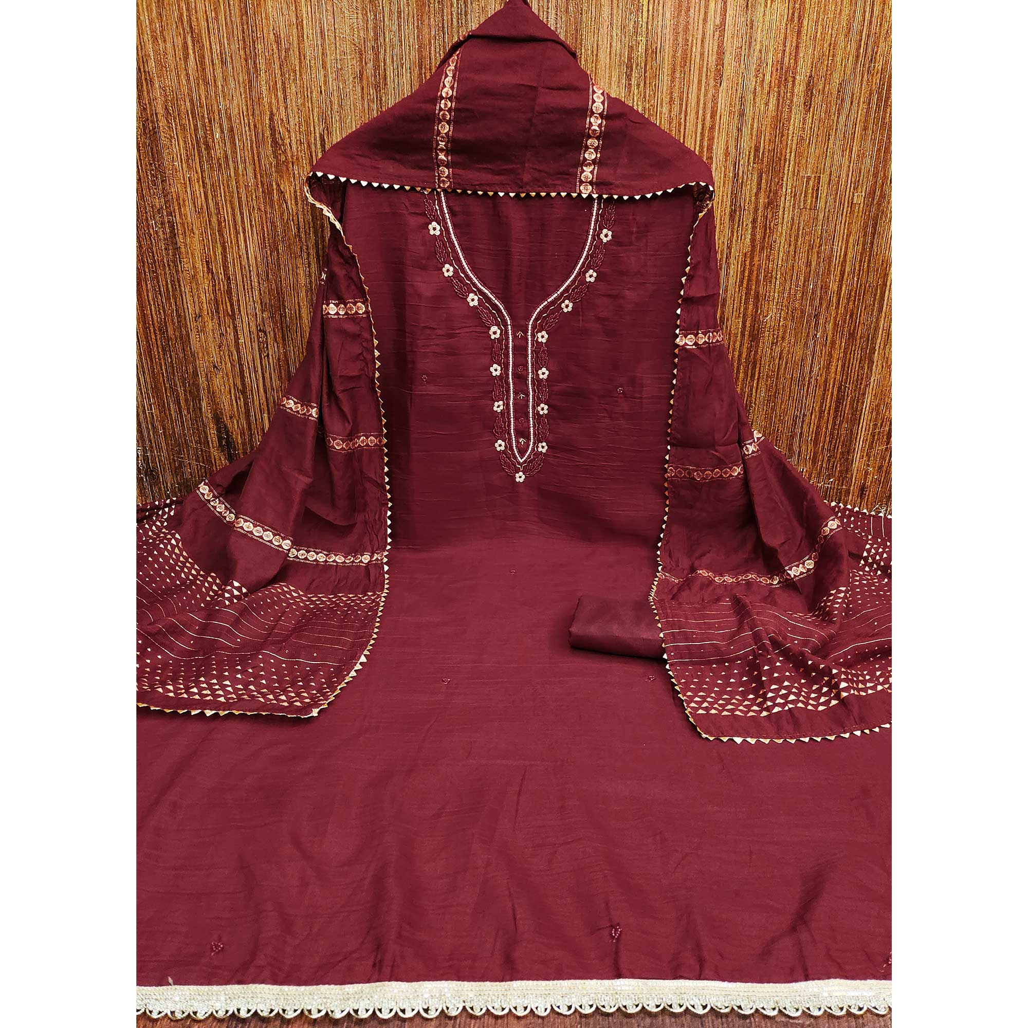 Maroon Hand Embroidered Cotton Blend Dress Material