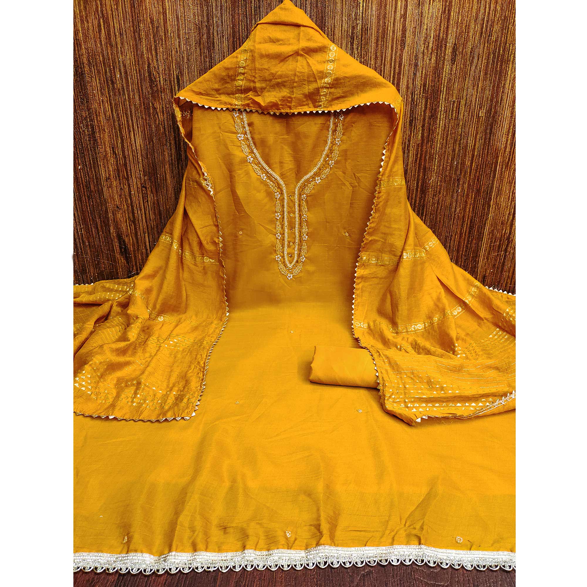 Mustard Hand Embroidered Cotton Blend Dress Material