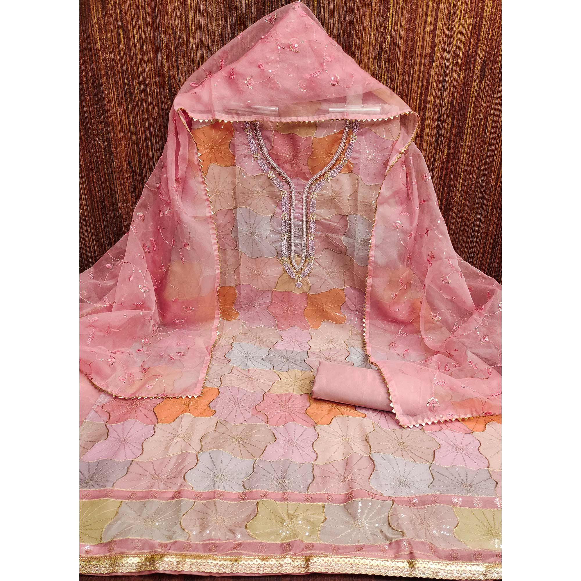 Pink Sequin Embroidery With Handwork Organza Dress Material