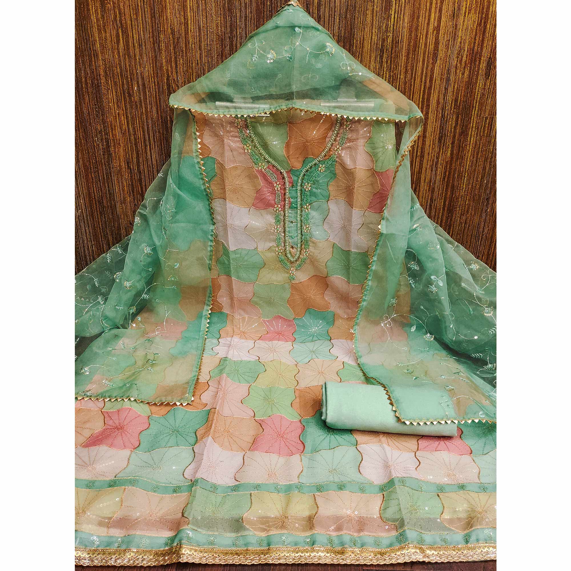 Sea Green Sequins Embroidery With Handwork Organza Dress Material