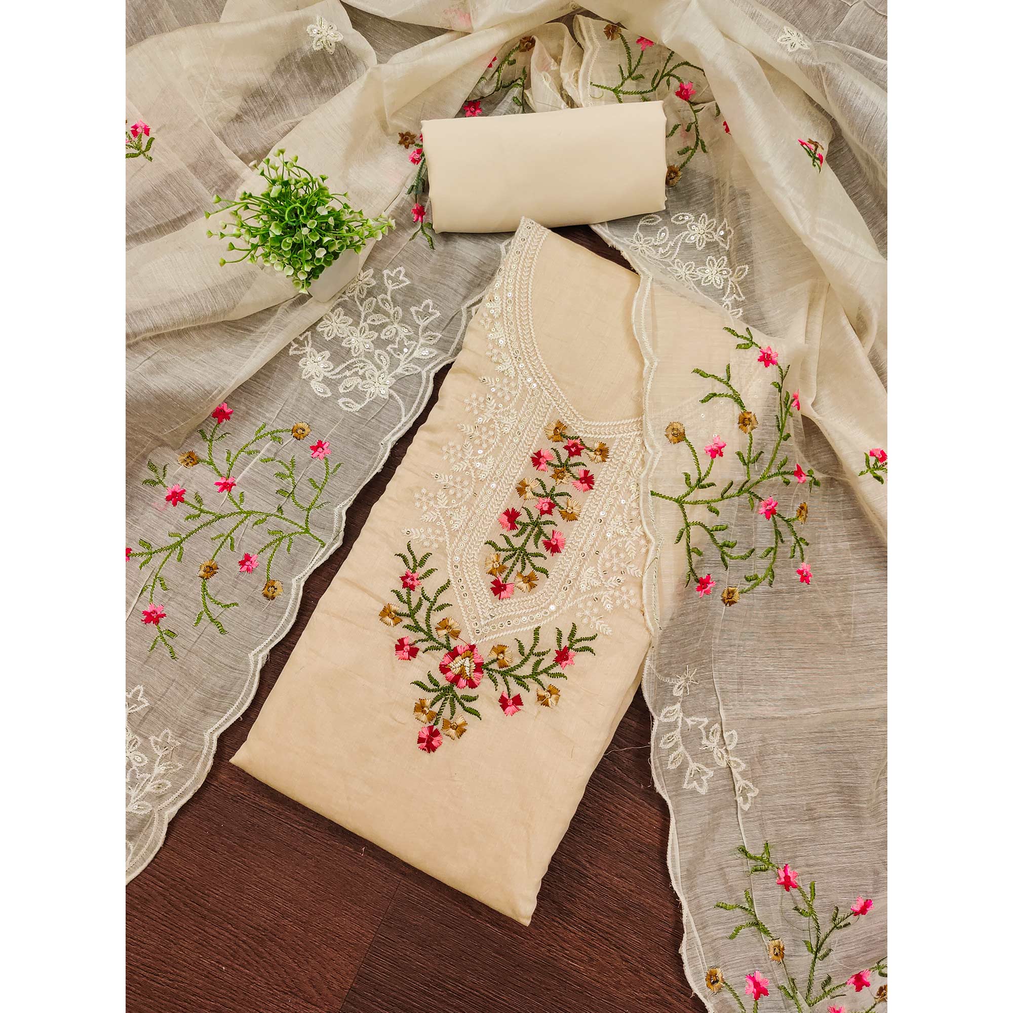 Beige Chanderi Cotton Dress Material With Elegant Floral Sequin Embroidery