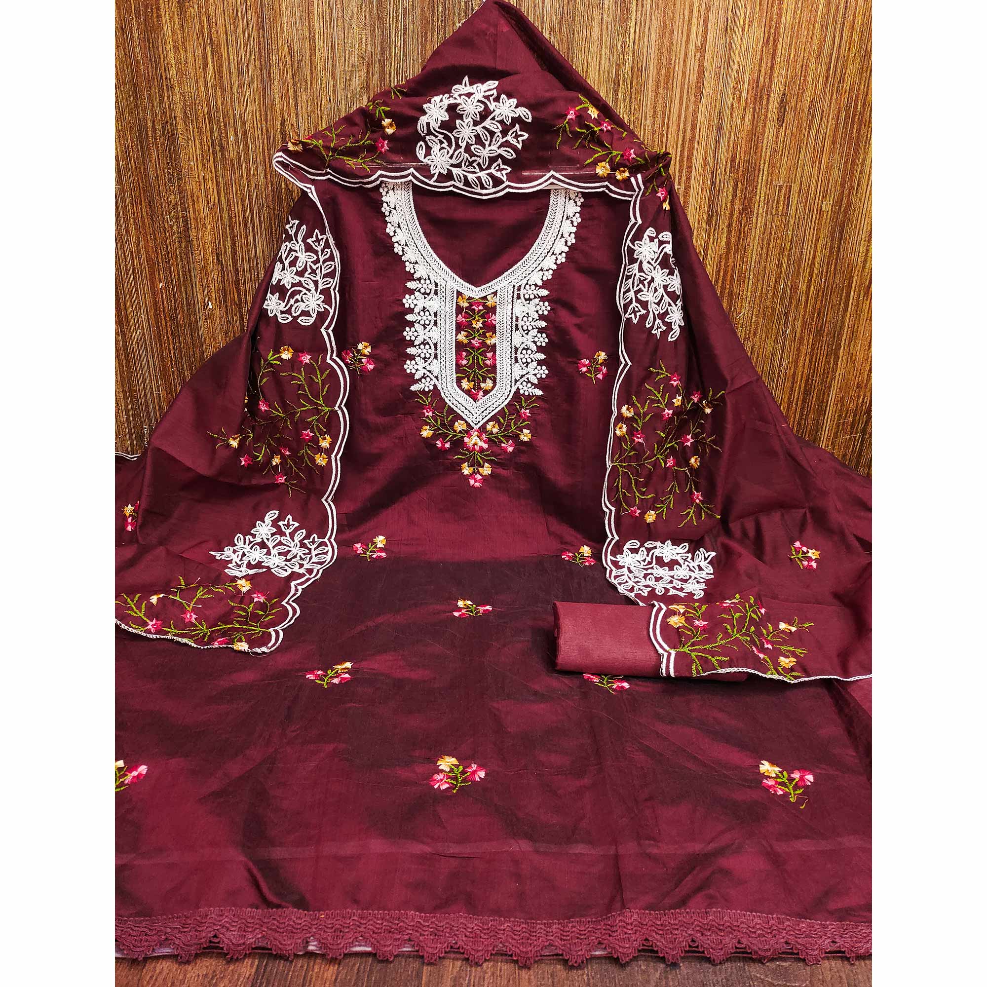 Maroon Floral Sequins Embroidered Chanderi Cotton Dress Material