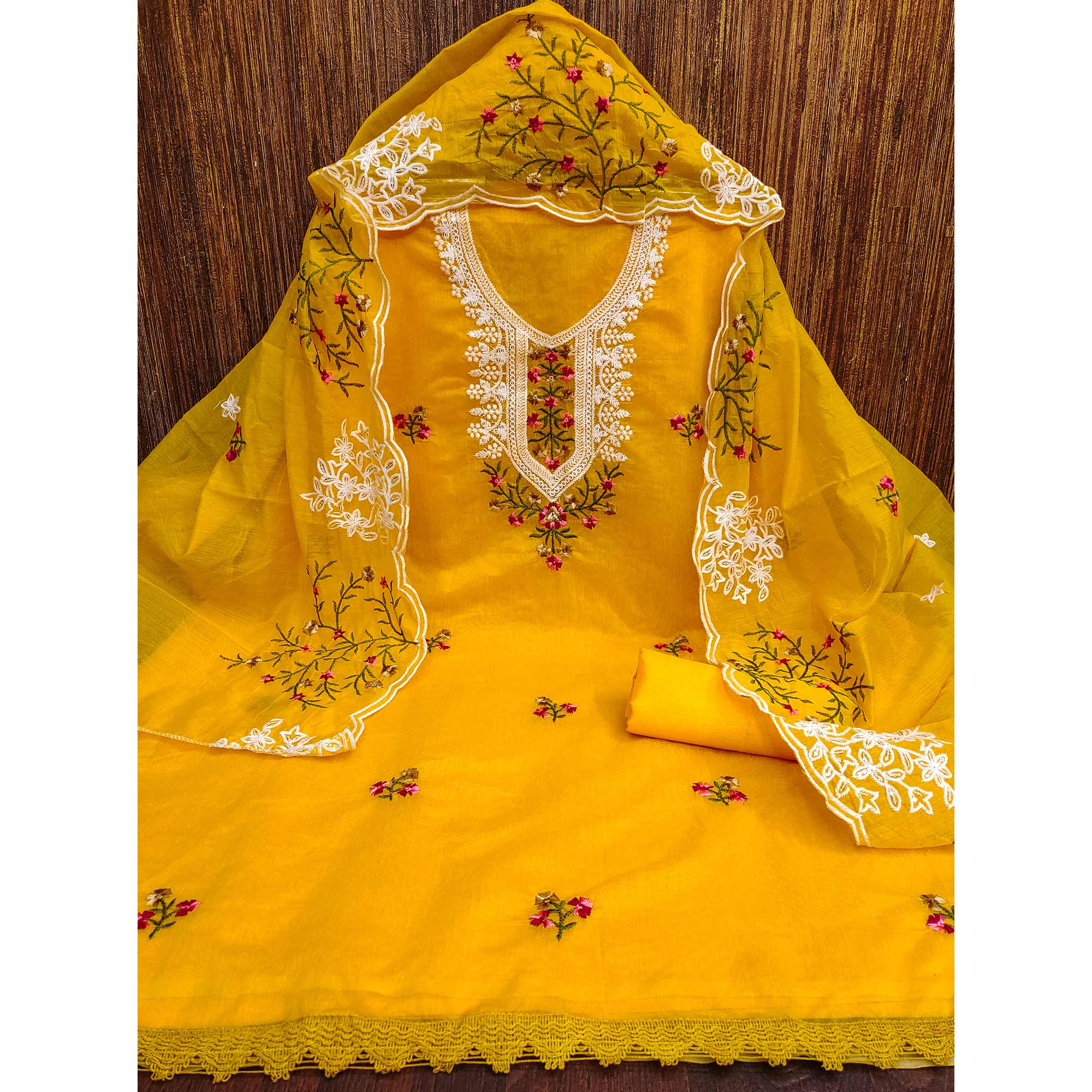Mustard Floral Sequins Embroidered Chanderi Cotton Dress Material