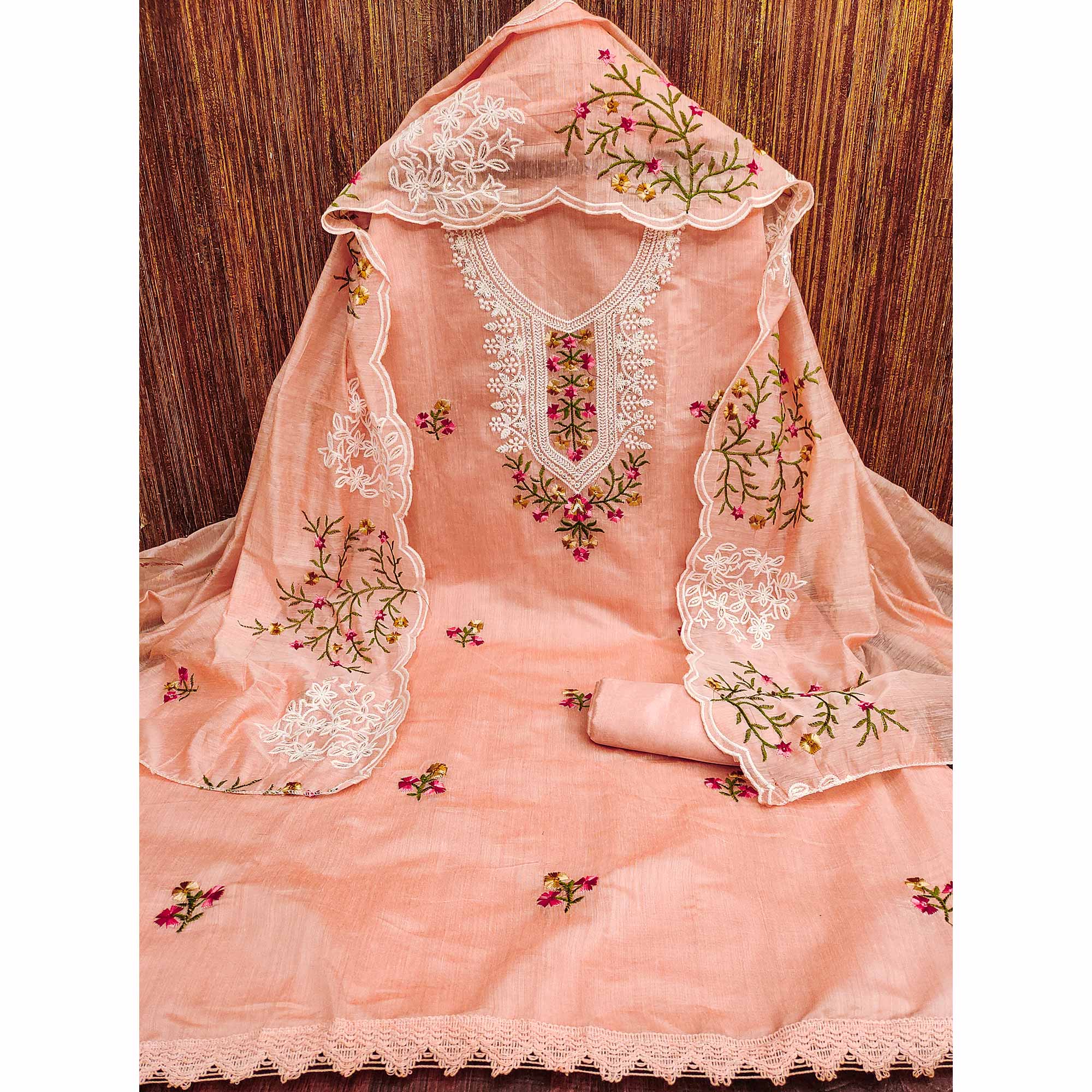 Peach Chanderi Cotton Dress Material With Elegant Floral Sequin Embroidery