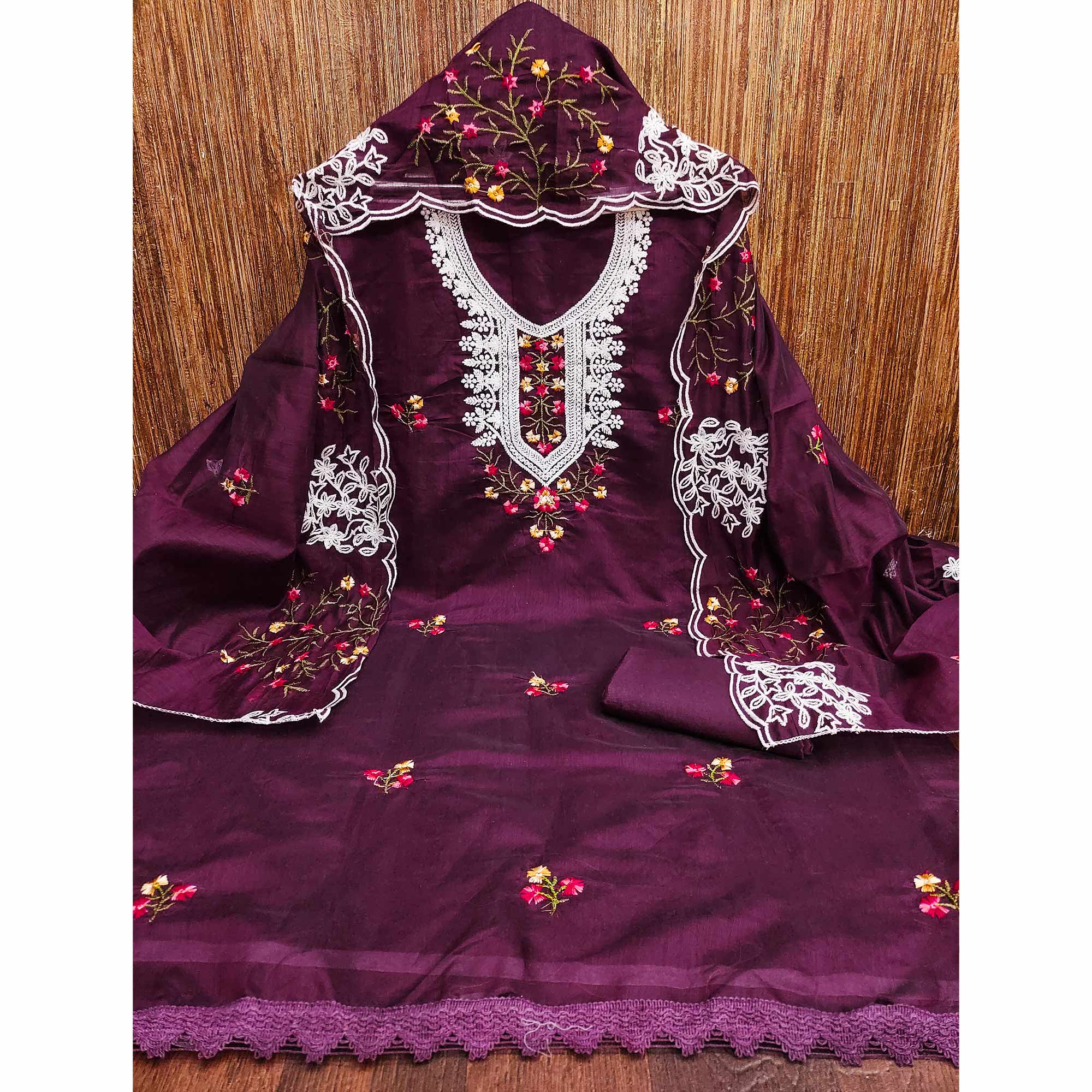 Purple Floral Sequins Embroidered Chanderi Cotton Dress Material