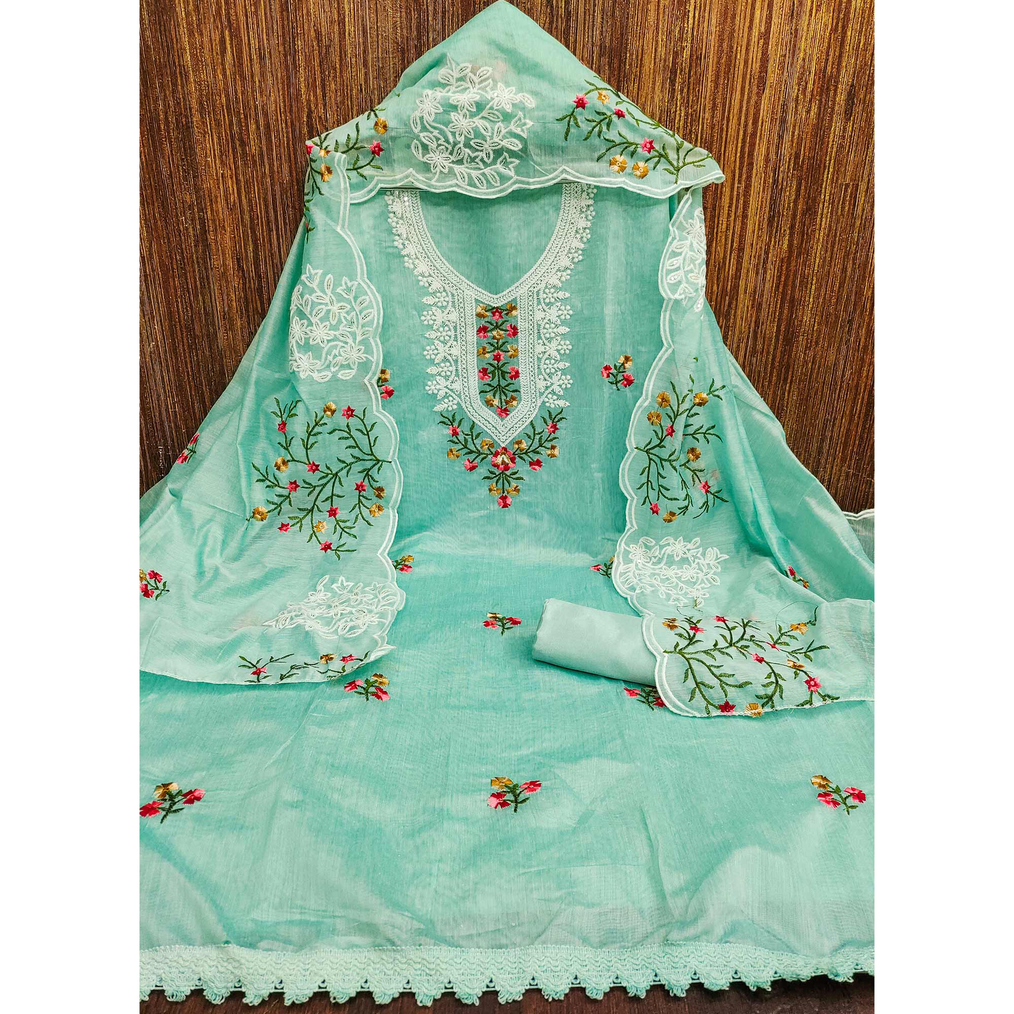 Turquoise Chanderi Cotton Dress Material With Elegant Floral Sequin Embroidery