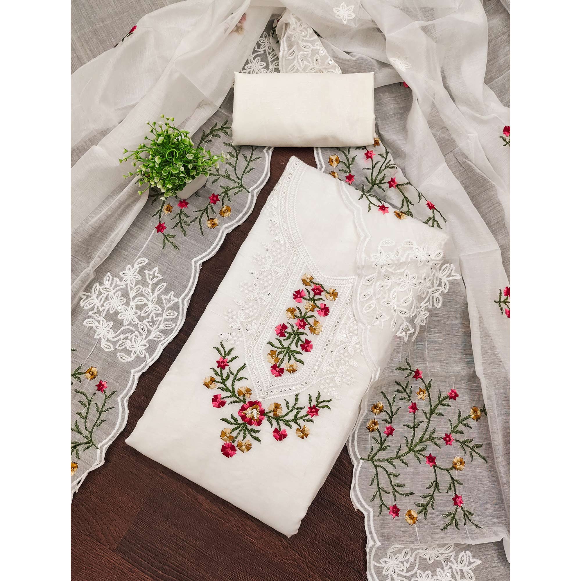 White Chanderi Cotton Dress Material With Elegant Floral Sequin Embroidery