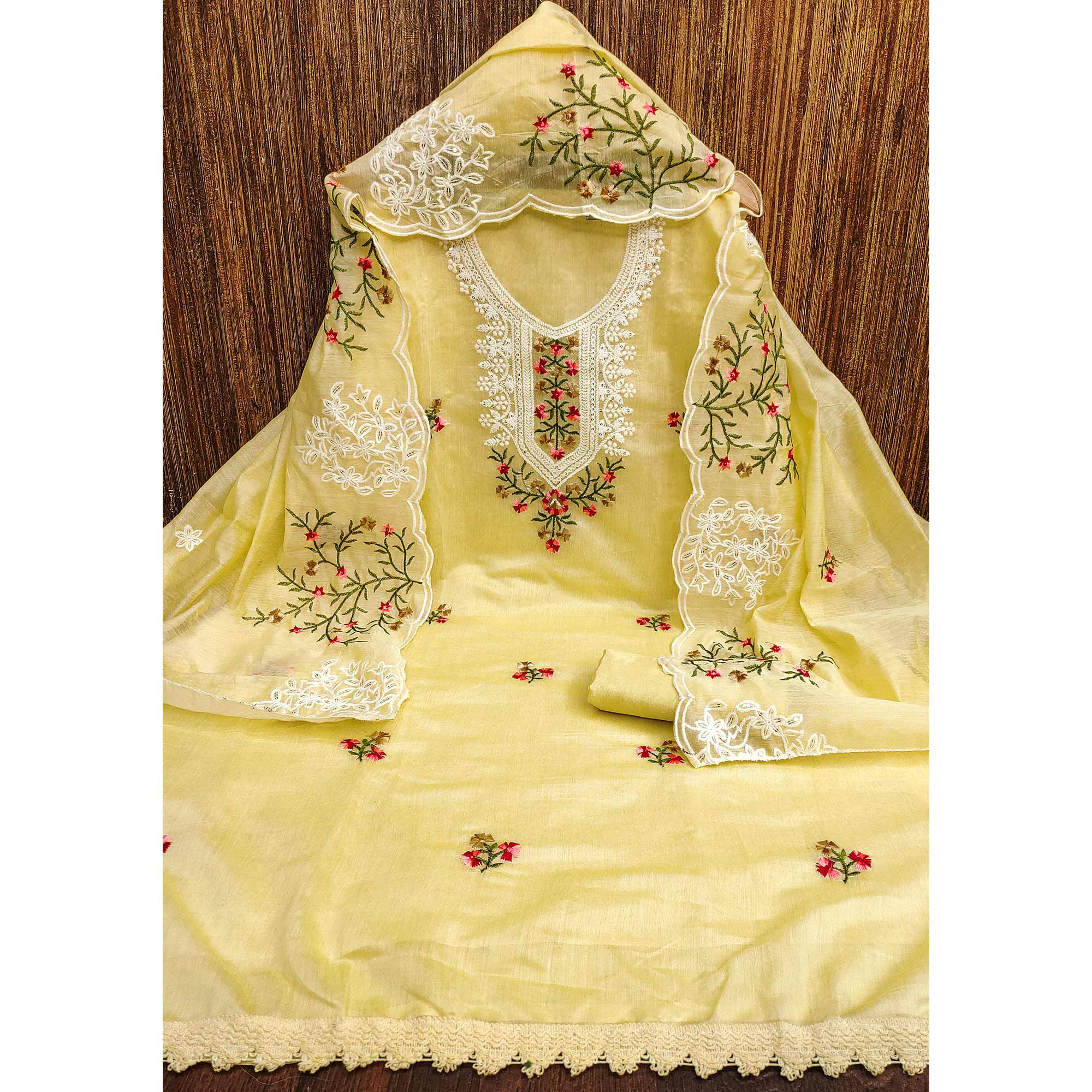 Yellow Chanderi Cotton Dress Material With Elegant Floral Sequin Embroidery