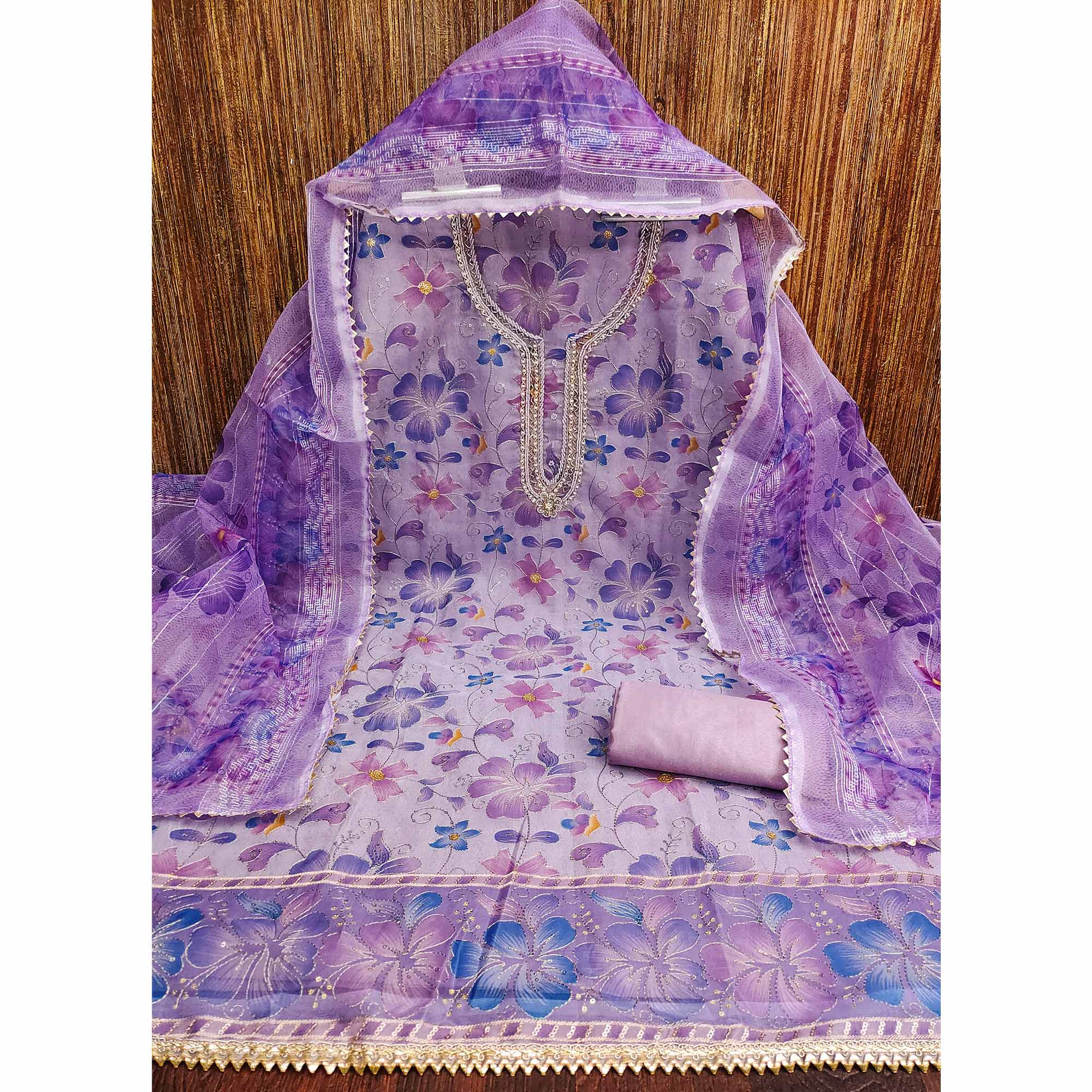 Purple Floral Printed With Sequins Hand Embroidered Organza Dress Material