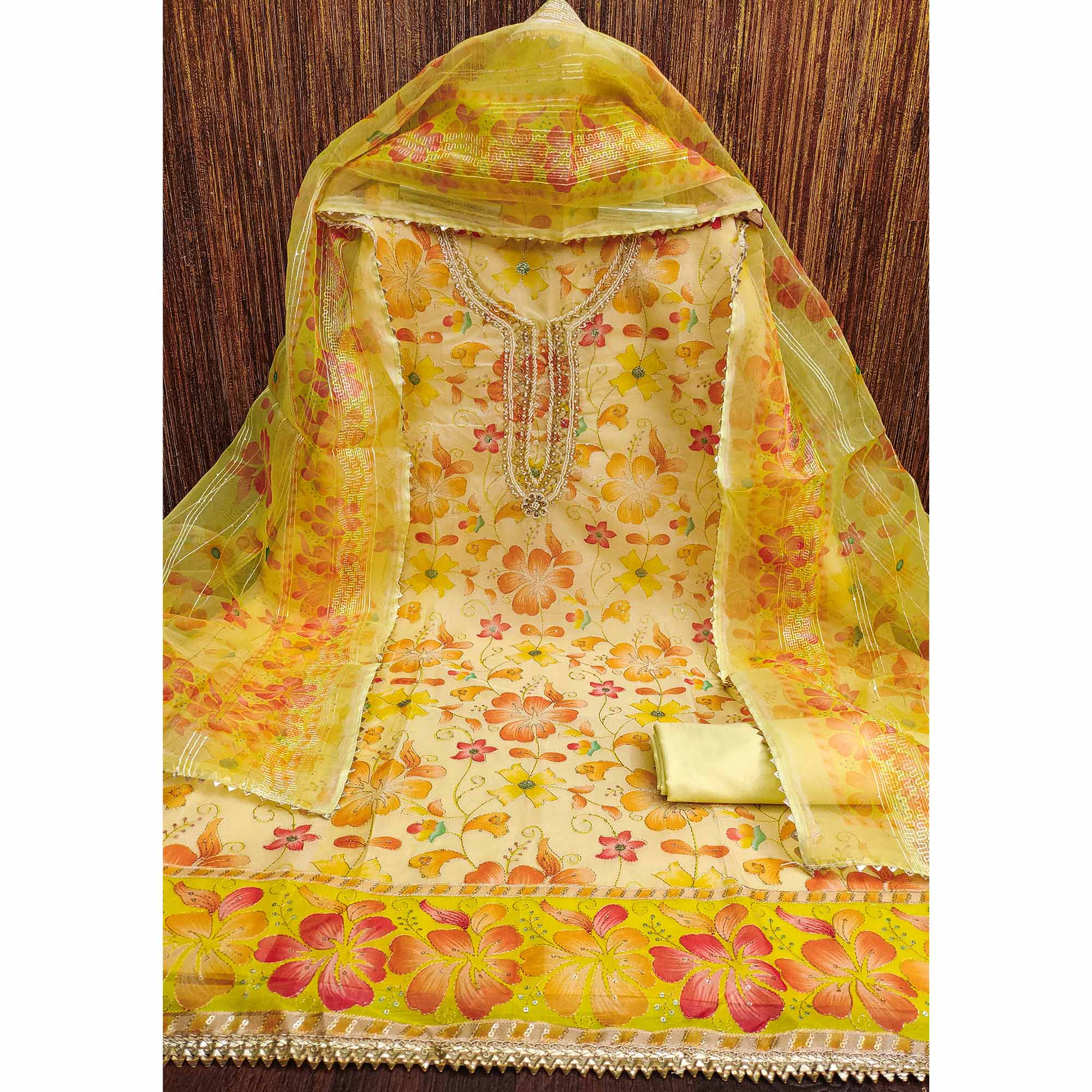 Yellow Floral Printed With Sequins Hand Embroidered Organza Dress Material