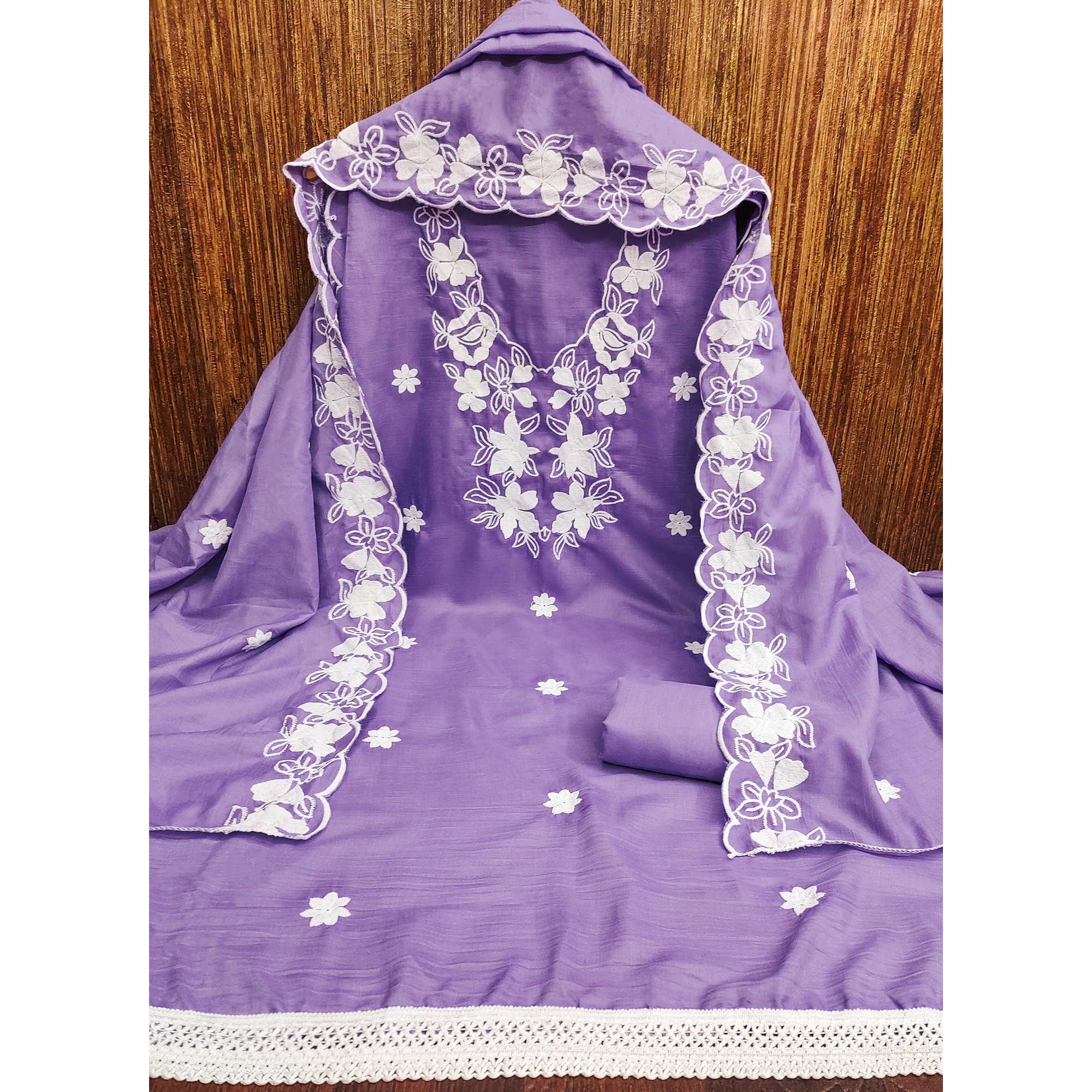 Lavender Floral Embroidered Cotton Blend Dress Material