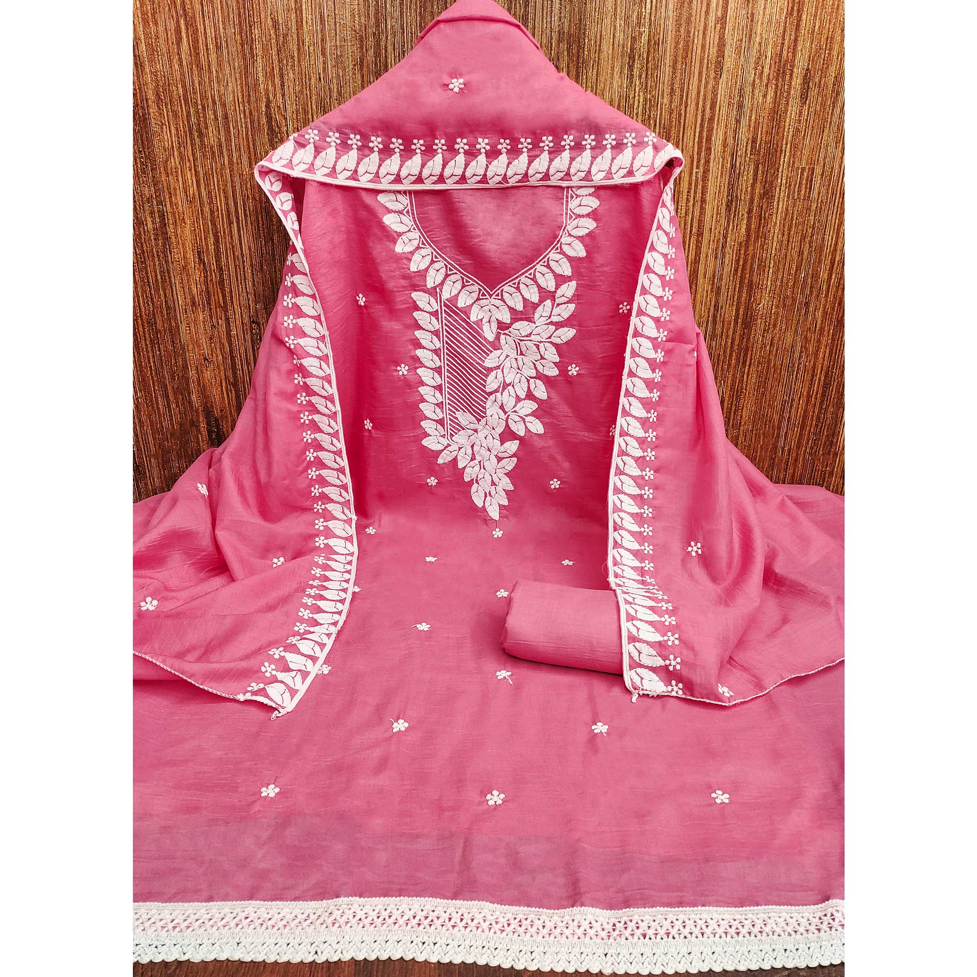 Gajari Pink Floral Embroidered Cotton Blend Dress Material