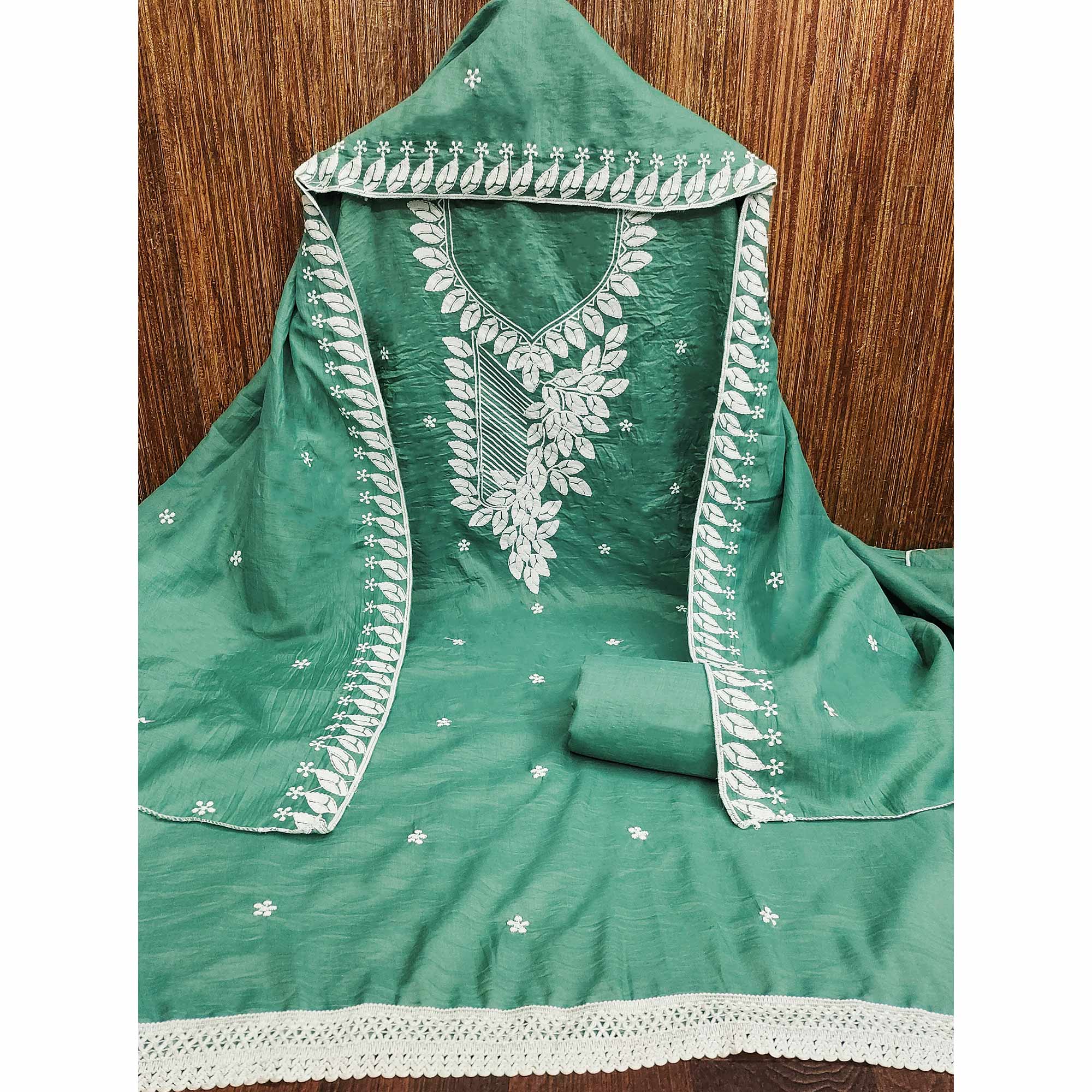 Green Floral Embroidered Cotton Blend Dress Material