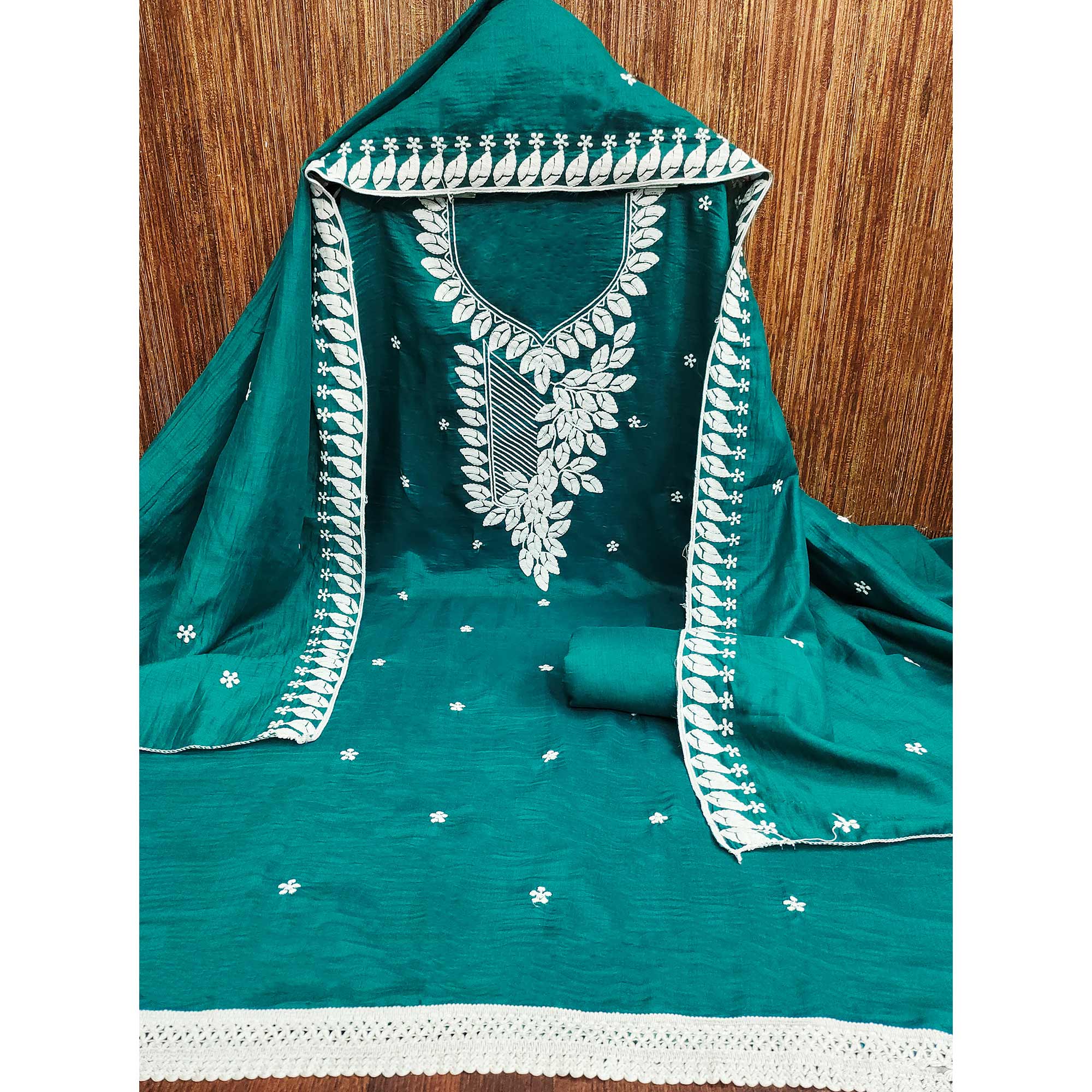 Teal Floral Embroidered Cotton Blend Dress Material